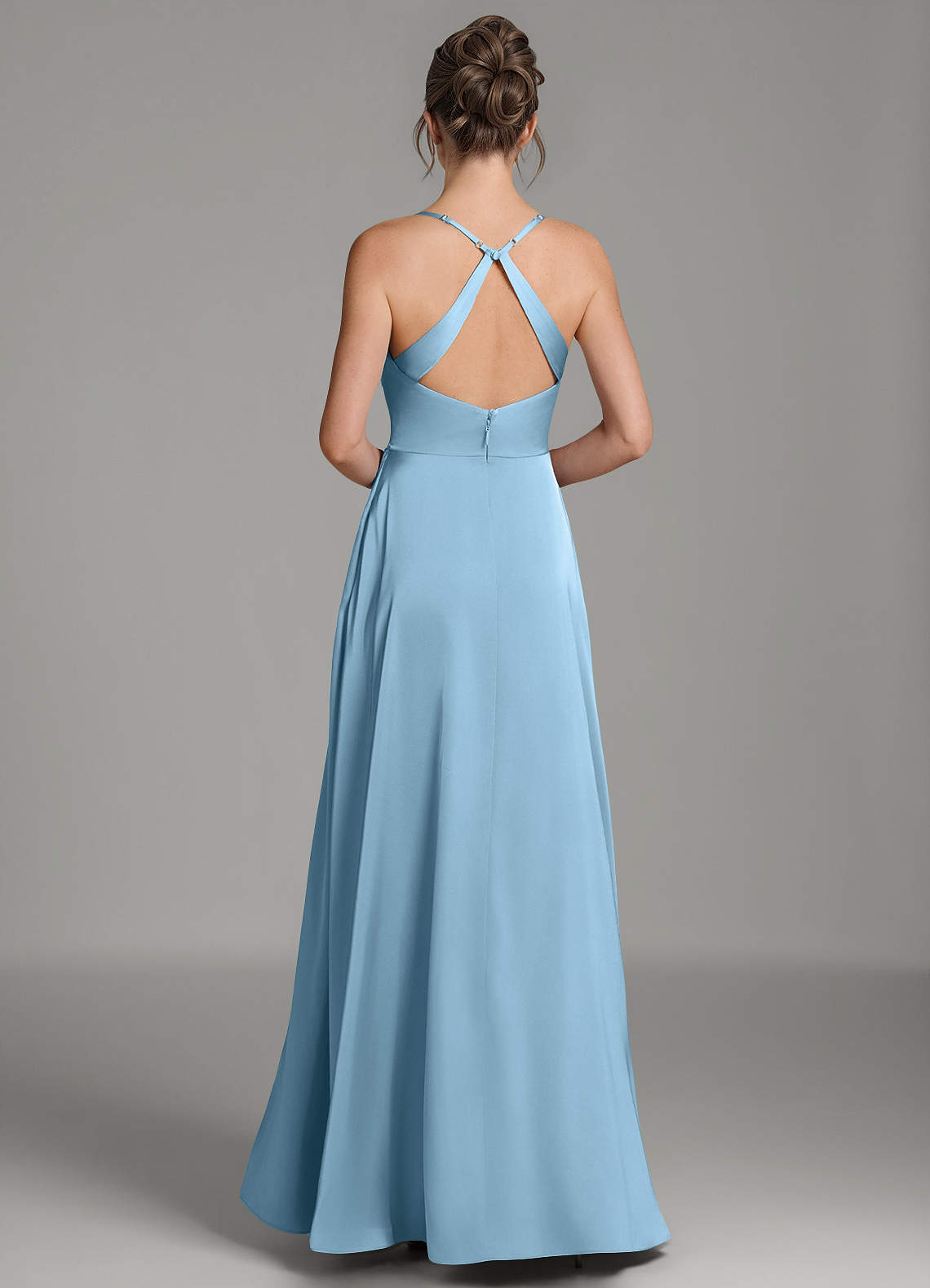 Frankie A-Line Scoop-Neck Stretch Satin Bridesmaid Dress in Steel Blue