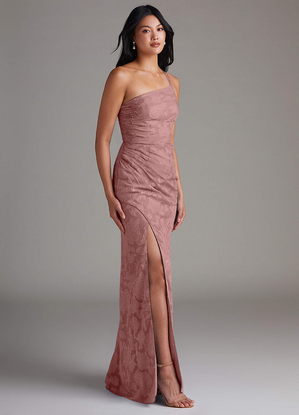 Eren Sheath One-Shoulder Floral Burnout Bridesmaid Dress in dusty rose