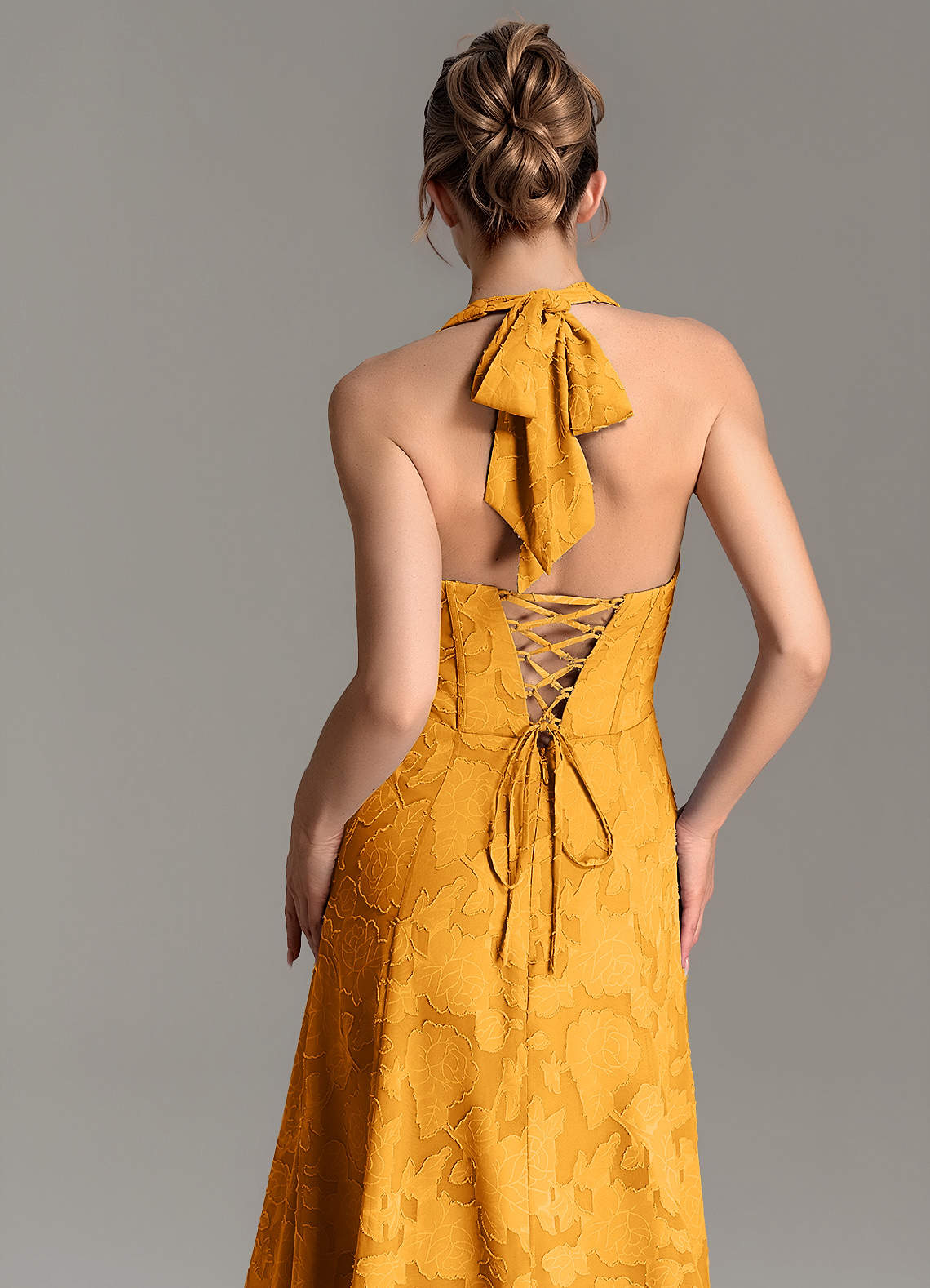 Nia A-Line V-Neck Floral Burnout Bridesmaid Dress in butterscotch