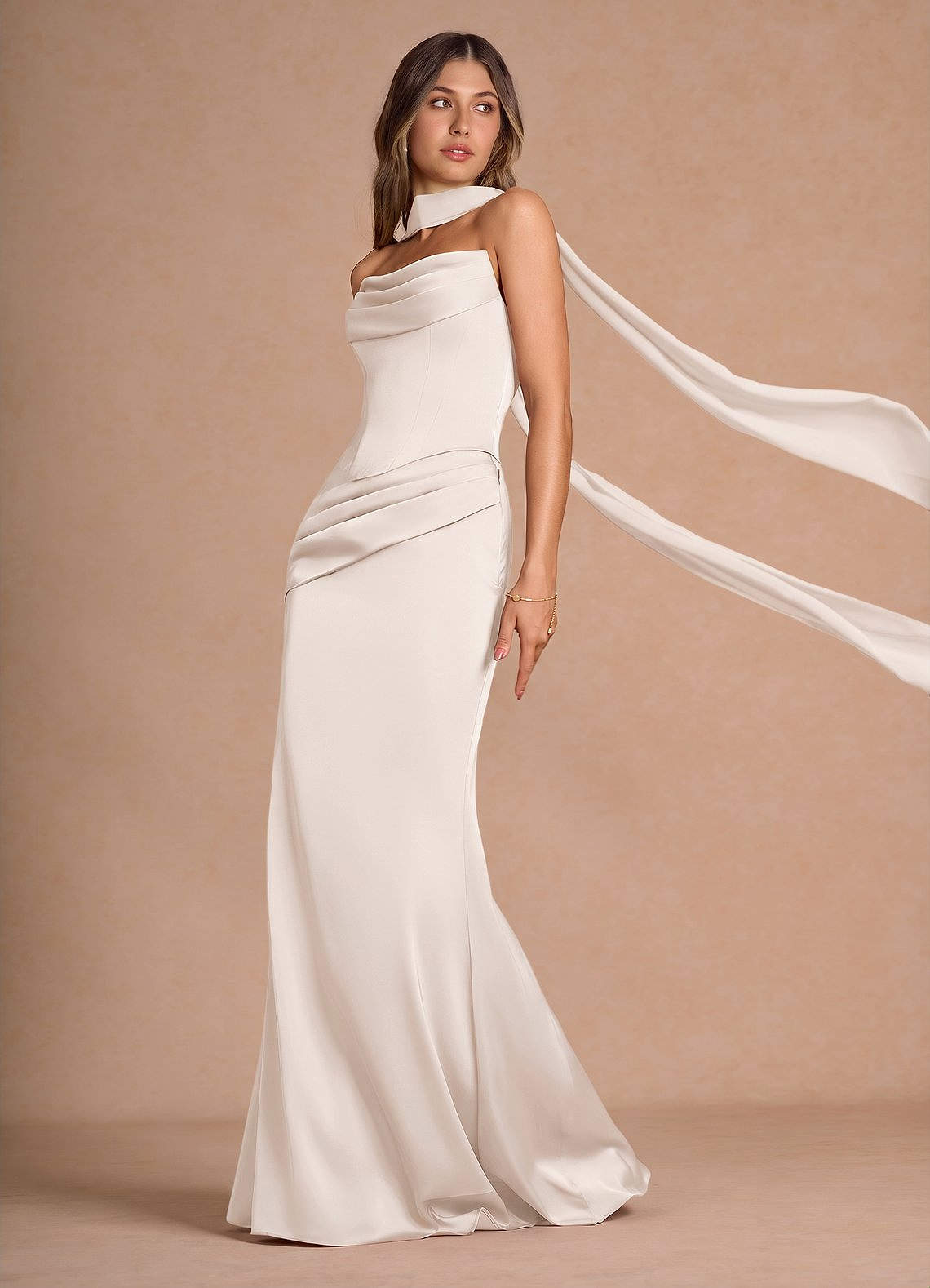 Sorrel Mermaid Corset Stretch Satin Evening Set in Cream