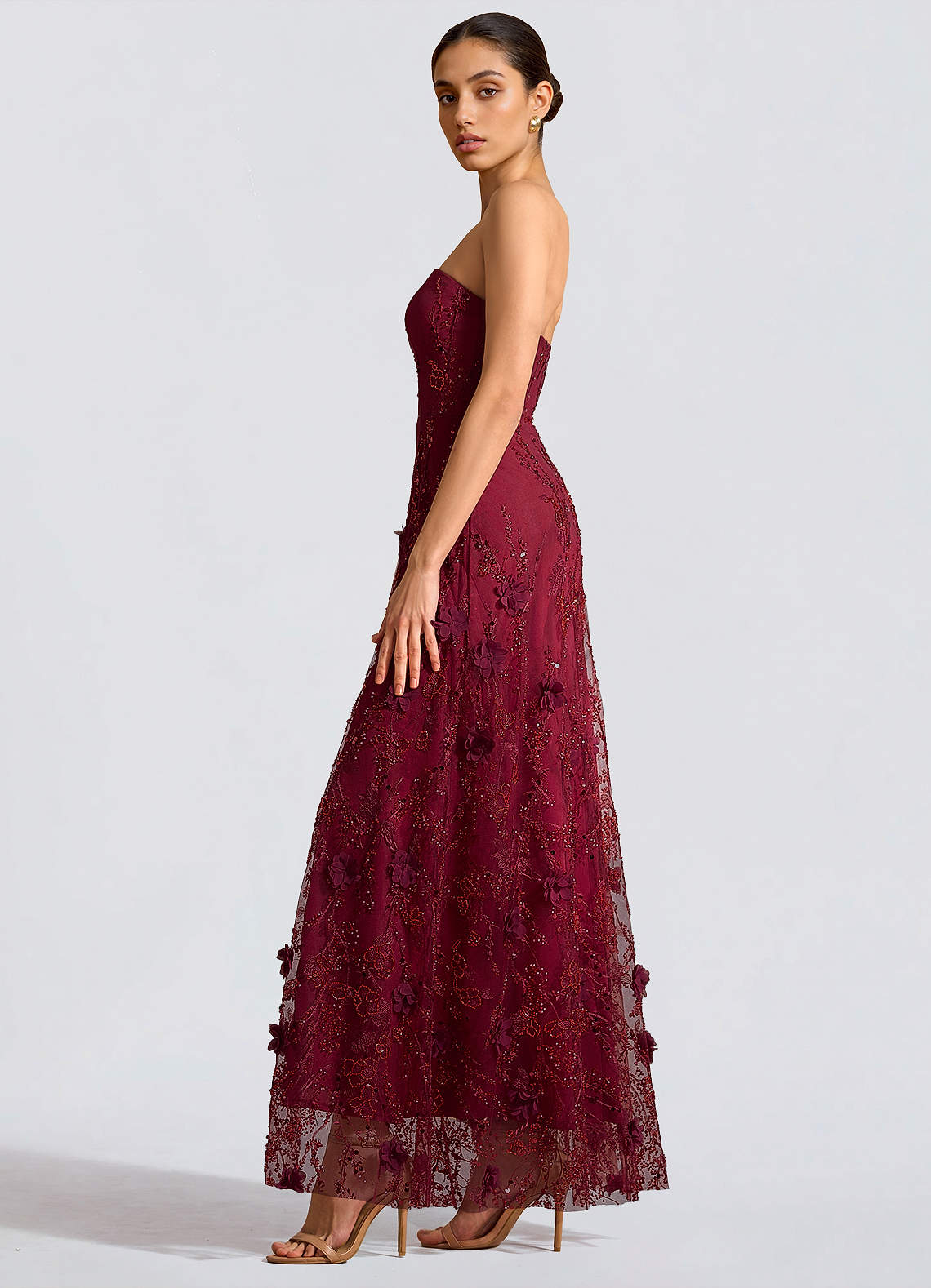 Fairuza A-Line Straight-Neck Tulle Wedding Guest Dress in Wine