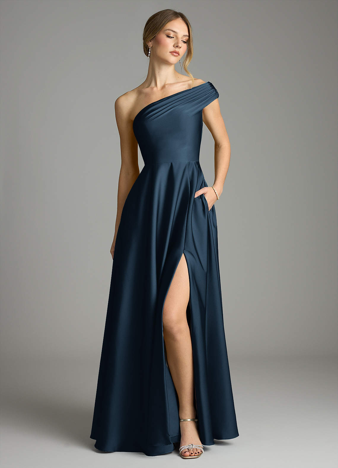 Melanie A-Line One-Shoulder Stretch Satin Bridesmaid Dress in Dark Navy