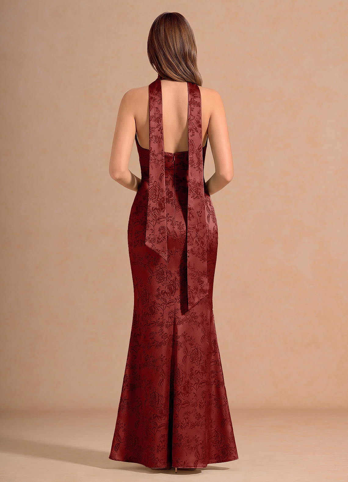 Ottoline Plunging V-Neck Open-Back Jacquard Evening Dress in Orange Red