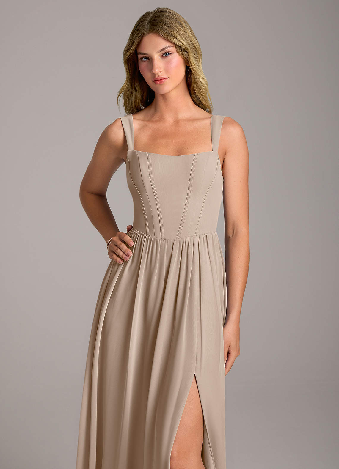 Rosaline A-Line Square-Neck Chiffon Bridesmaid Dress in Taupe