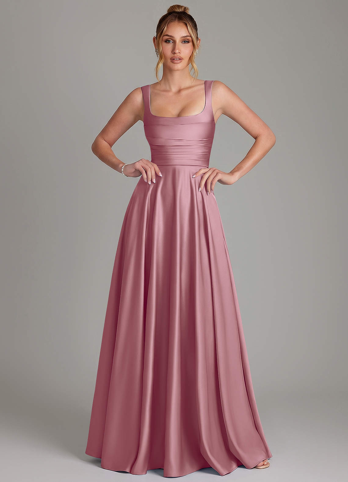 Azaria A-Line Square-Neck Stretch Satin Bridesmaid Dress in Vintage Mauve