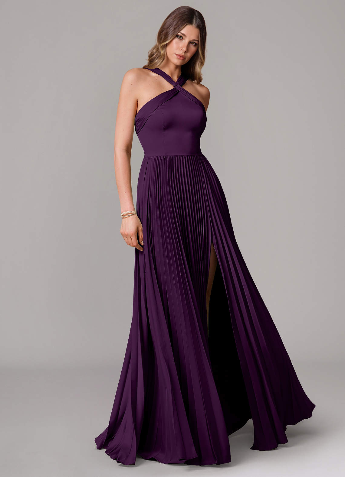 Afra A-Line Halter-Neck Stretch Satin Bridesmaid Dress in Grape