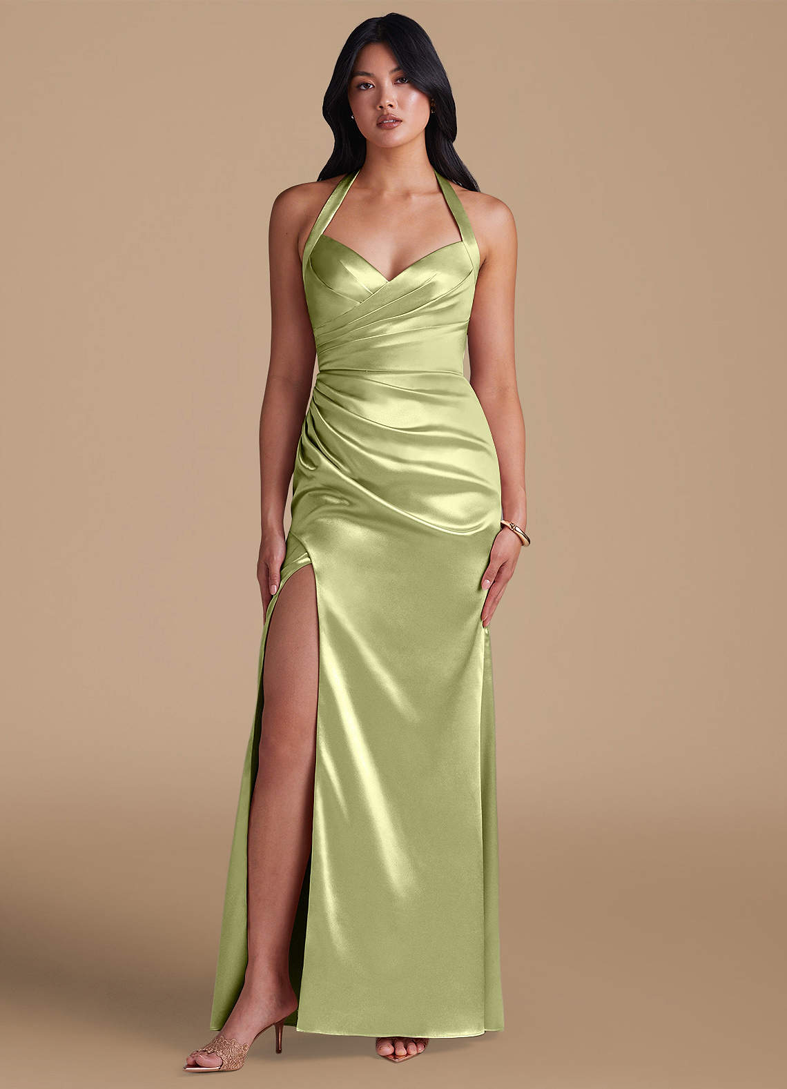 Emeria Sheath Halter Metallic Satin Bridesmaid Dress in Pistachio