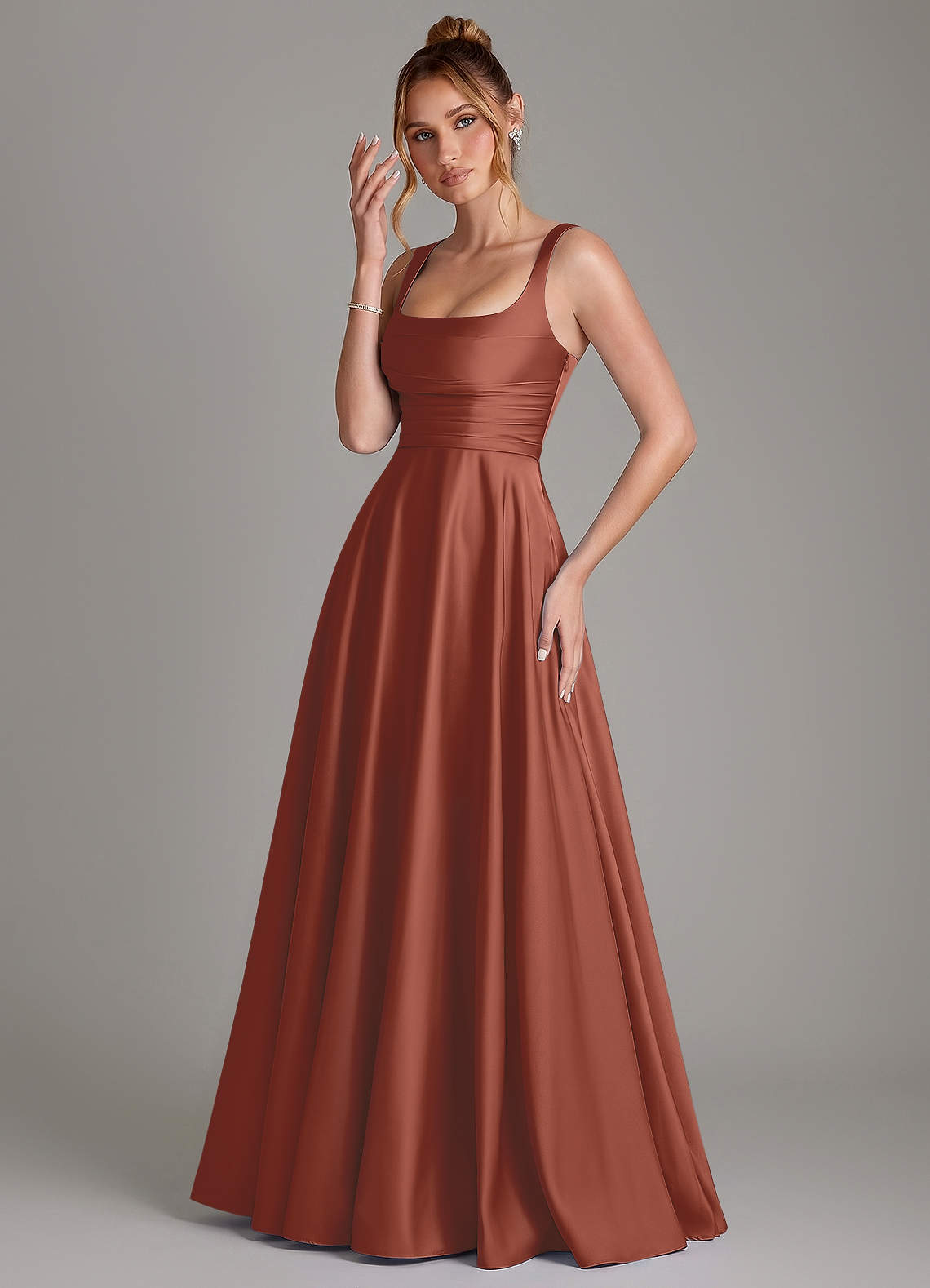 Azaria A-Line Square-Neck Stretch Satin Bridesmaid Dress in Auburn