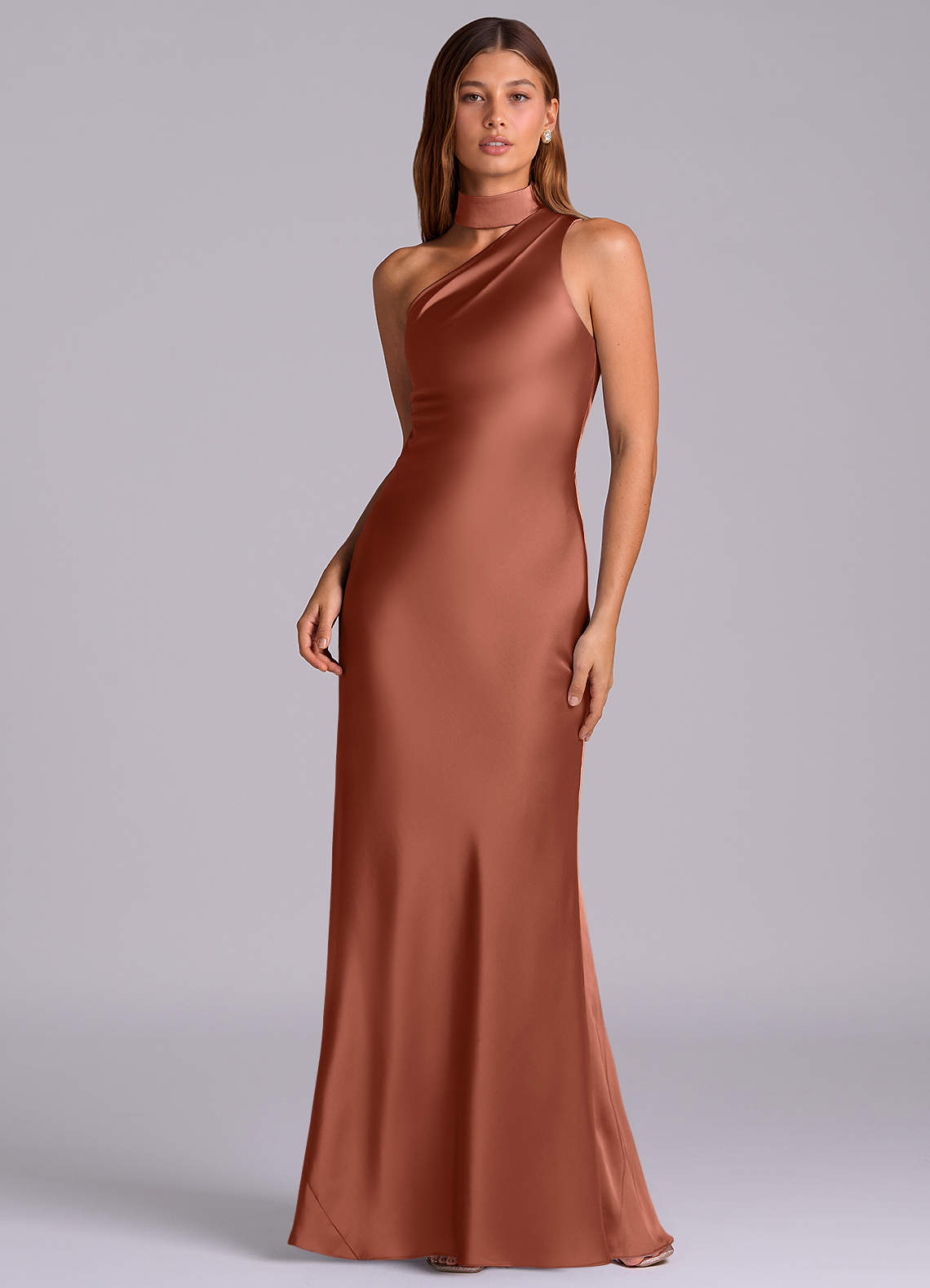 Seona Mermaid One-Shoulder Stretch Satin and Tulle Bridesmaid Dress in Auburn