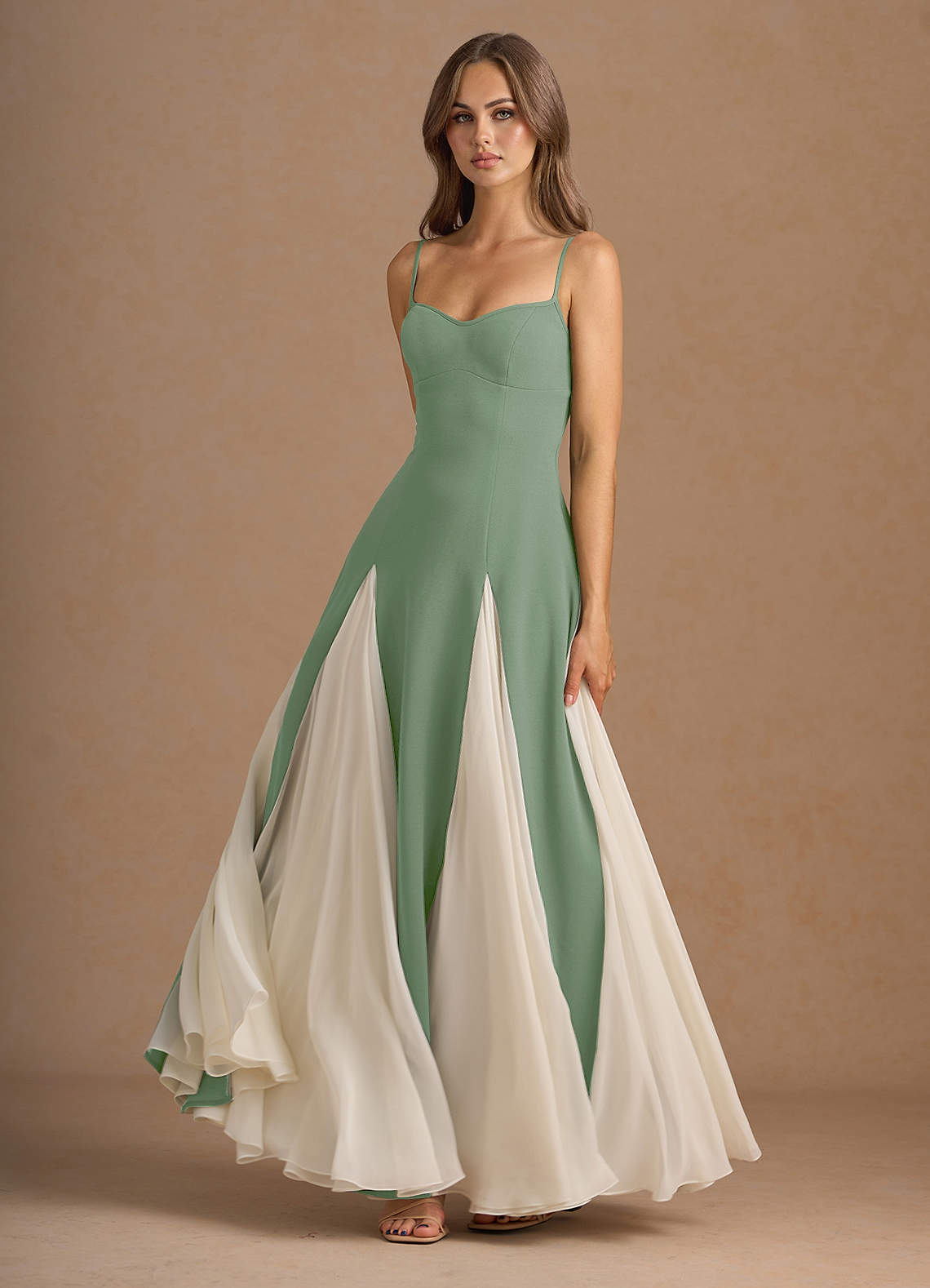 Jessenia A-Line Color-Block Crepe Chiffon Wedding Guest Dress in matcha