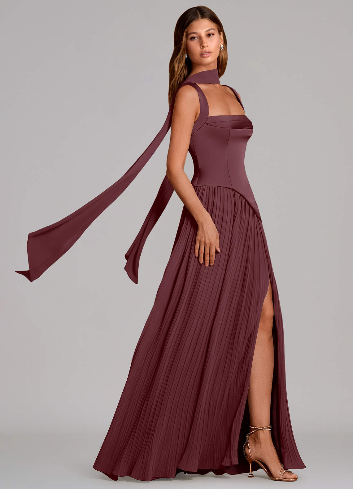 Stephanie A-Line Square-Neck Stretch Satin and Chiffon Bridesmaid Dress in Sangria