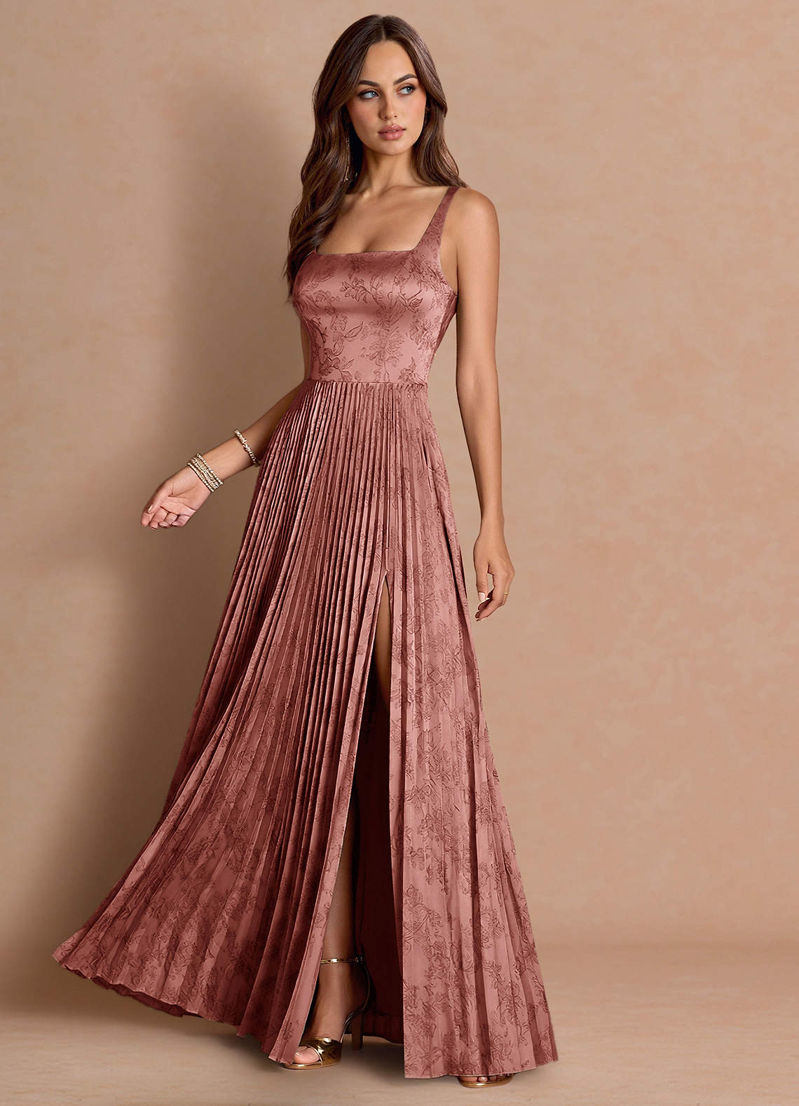 Tatiana A-Line Square-Neck Jacquard Wedding Guest Dress in Vintage Rose