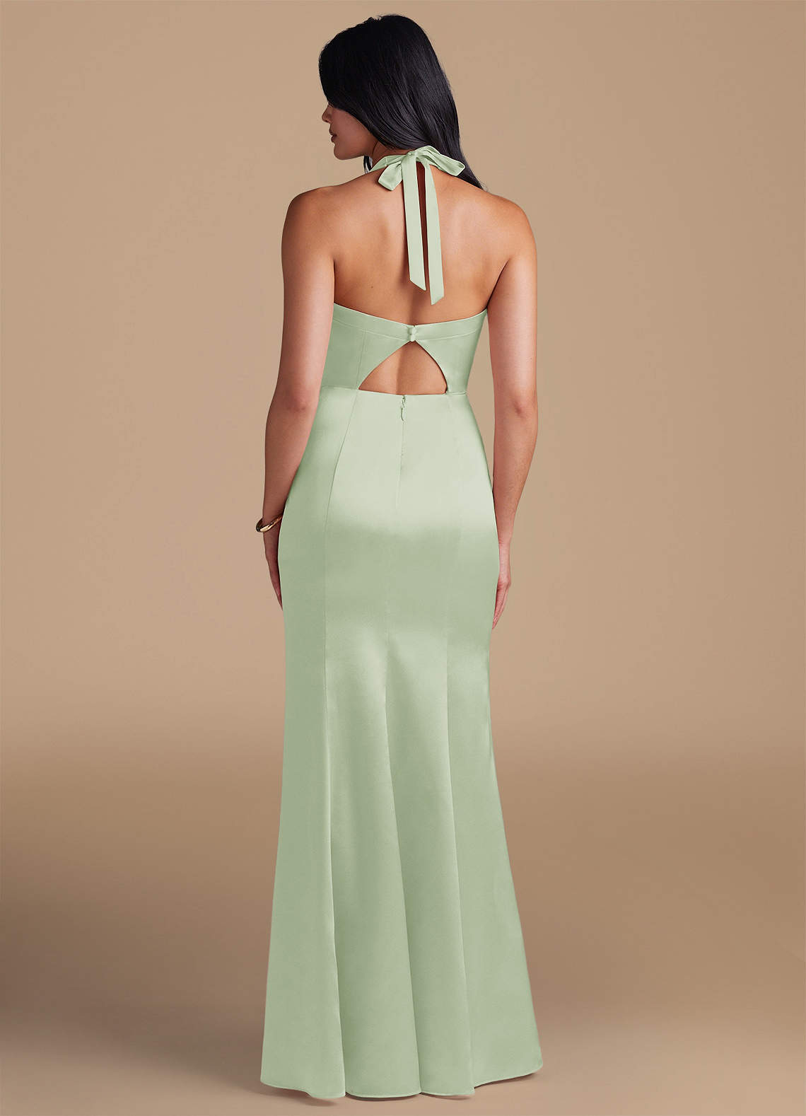 Emeria Sheath Halter Metallic Satin Bridesmaid Dress in Dusty Sage