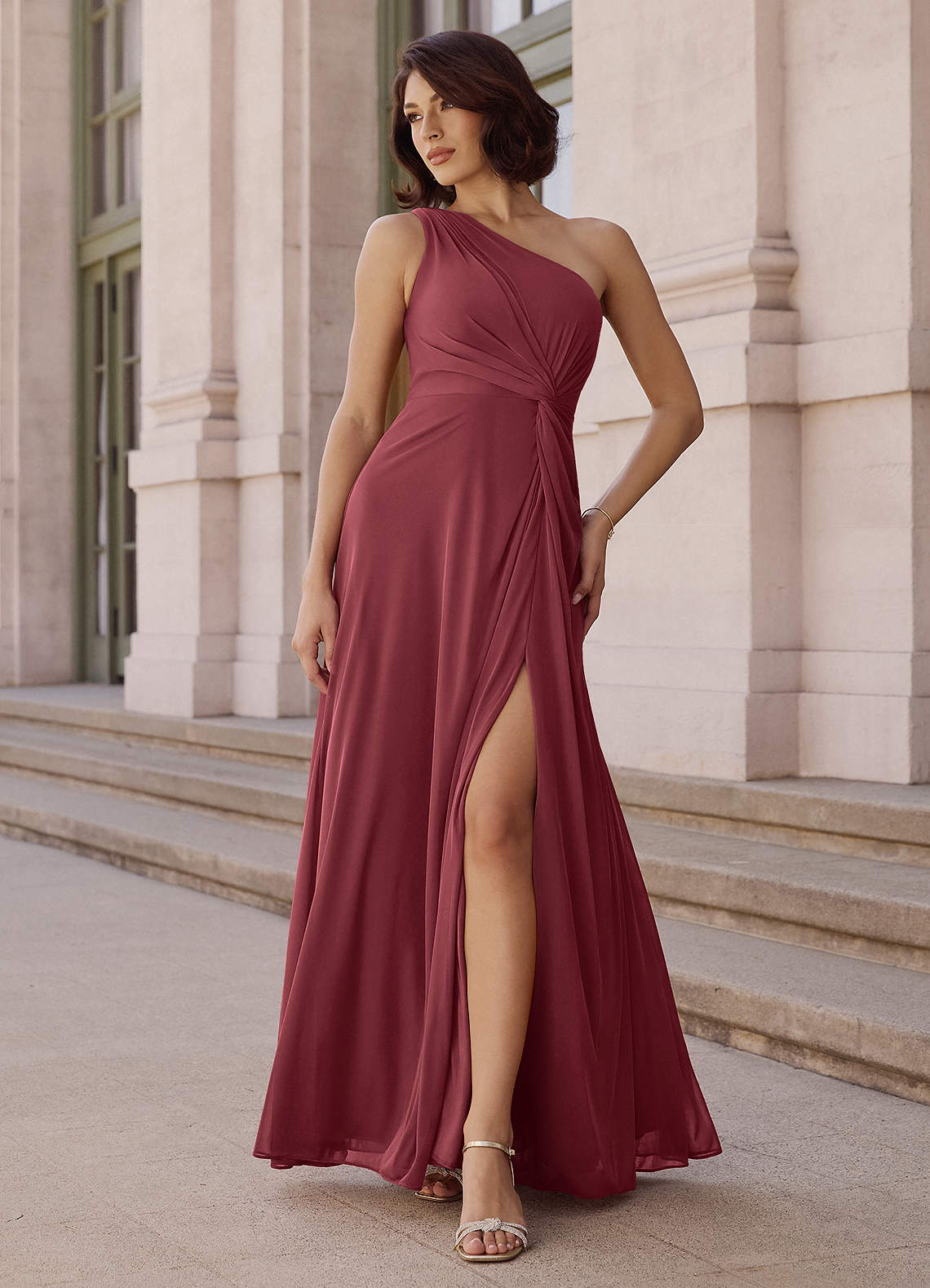 Brooke A-Line One-Shoulder Chiffon Bridesmaid Dress in Merlot