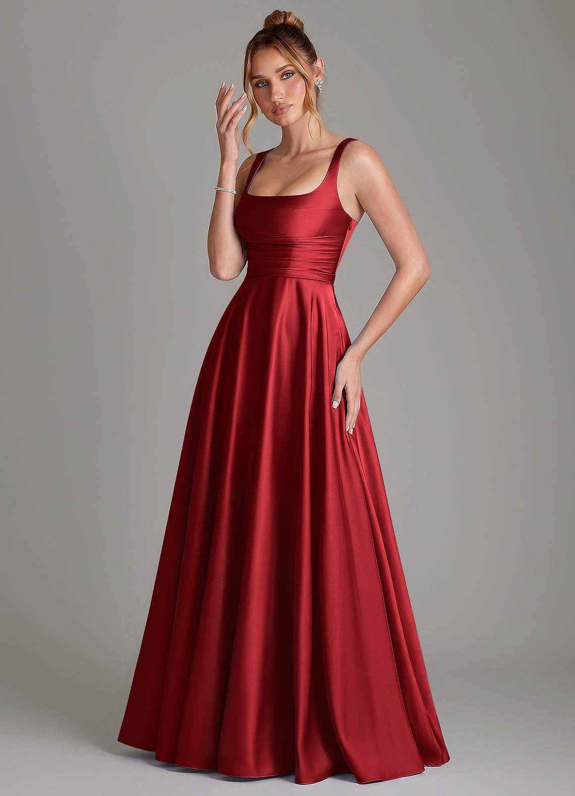 Azaria A-Line Square-Neck Stretch Satin Bridesmaid Dress in Scarlet