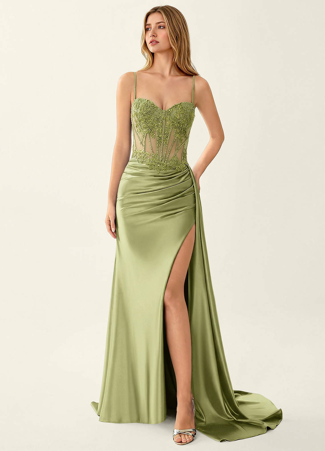 Celestianora Mermaid Beaded Stretch Satin Evening Dress in champagne