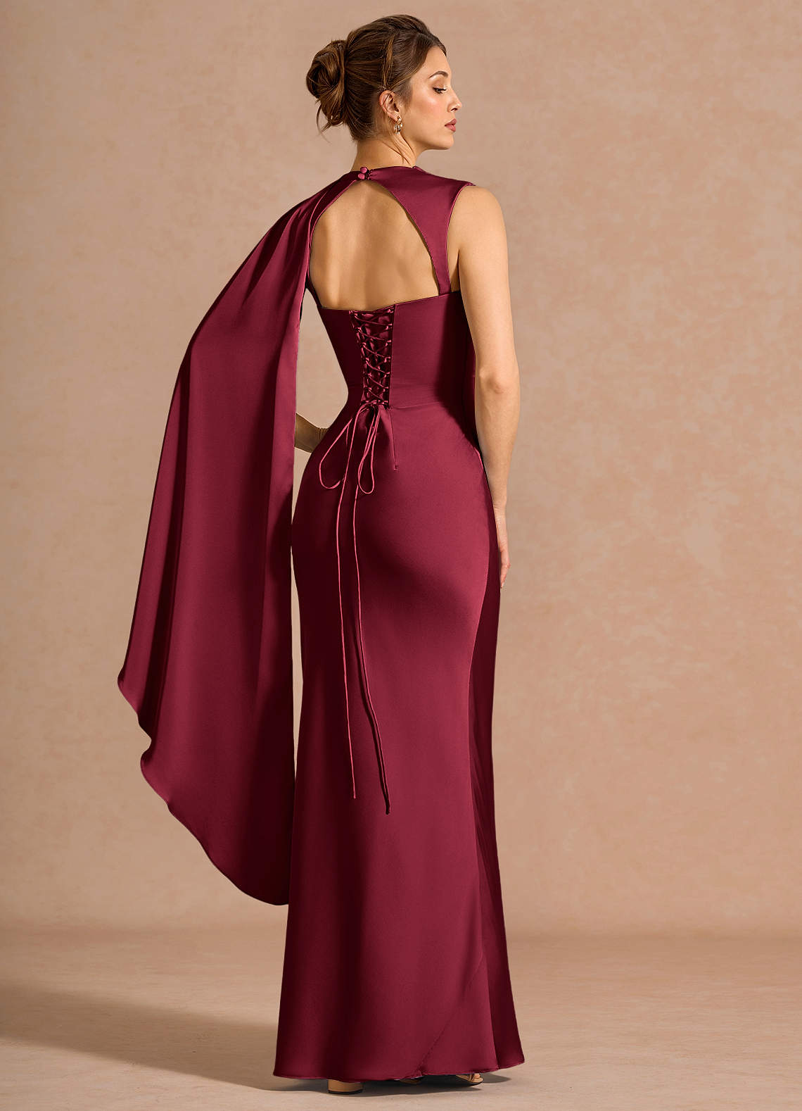 Chesney Cape-Sleeve Pleated Stretch Satin Wedding Guest Dress in Merlot