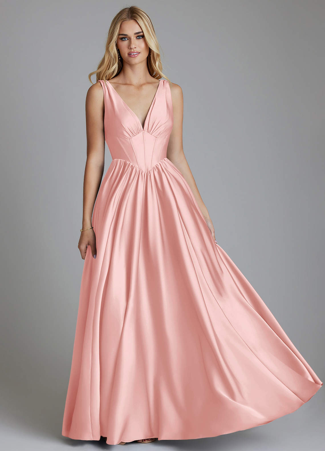 Delmie A-Line V-Neck Stretch Satin Bridesmaid Dress in Powder Pink
