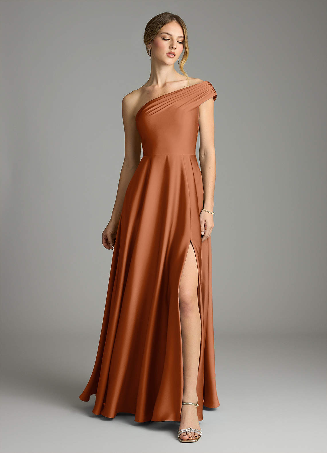 Melanie A-Line One-Shoulder Stretch Satin Bridesmaid Dress in Copper