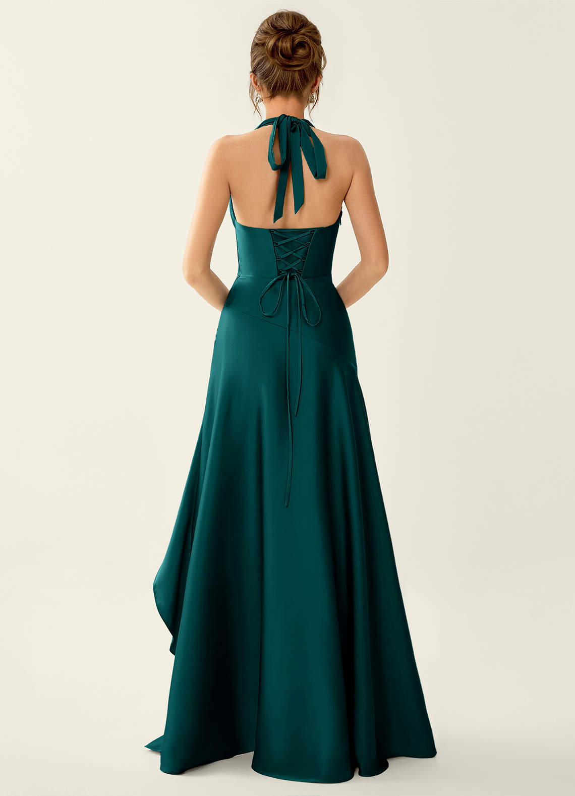 Titania Halter Asymmetric-Ruffle Satin Evening Dress in Peacock