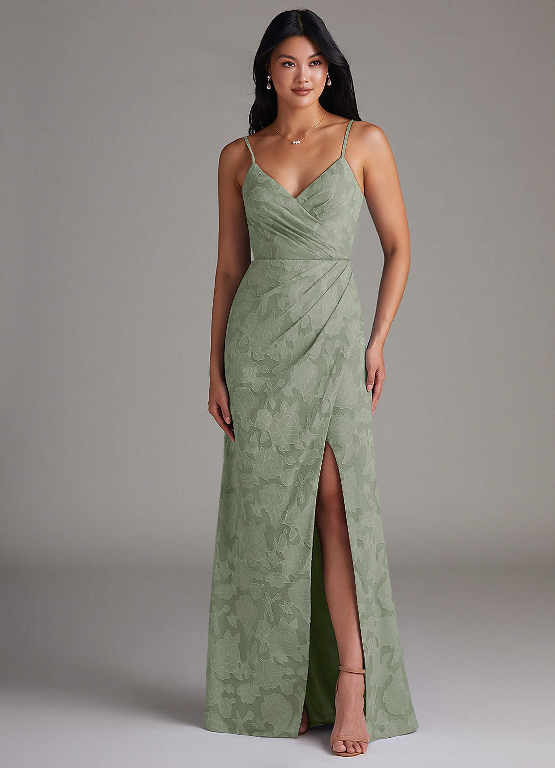 Maci Sheath V-Neck Floral Burnout Bridesmaid Dress in Agave