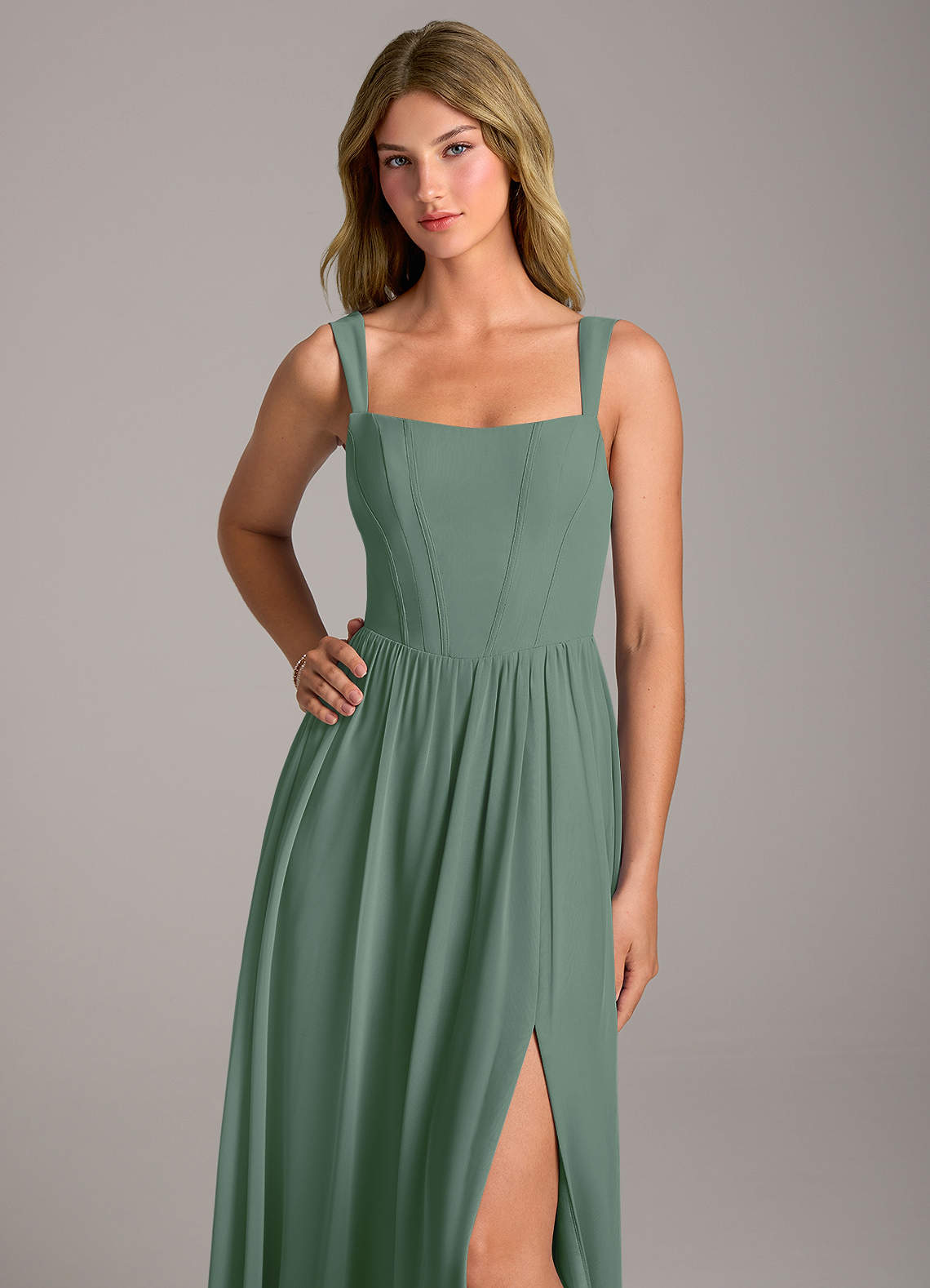 Rosaline A-Line Square-Neck Chiffon Bridesmaid Dress in Eucalyptus