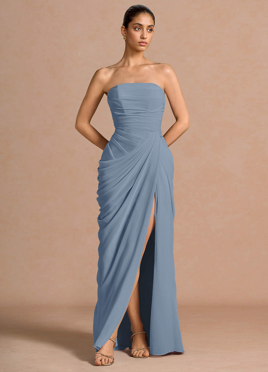 Kaavia Column Pleated Chiffon Maxi Evening Dress in Dusty Blue