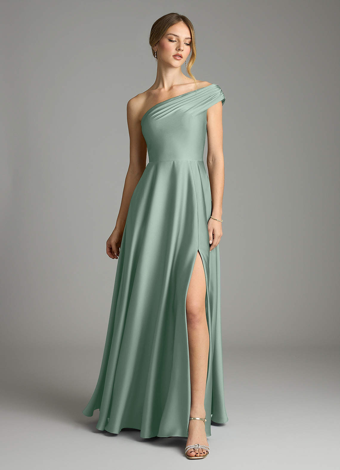 Melanie A-Line One-Shoulder Stretch Satin Bridesmaid Dress in Agave