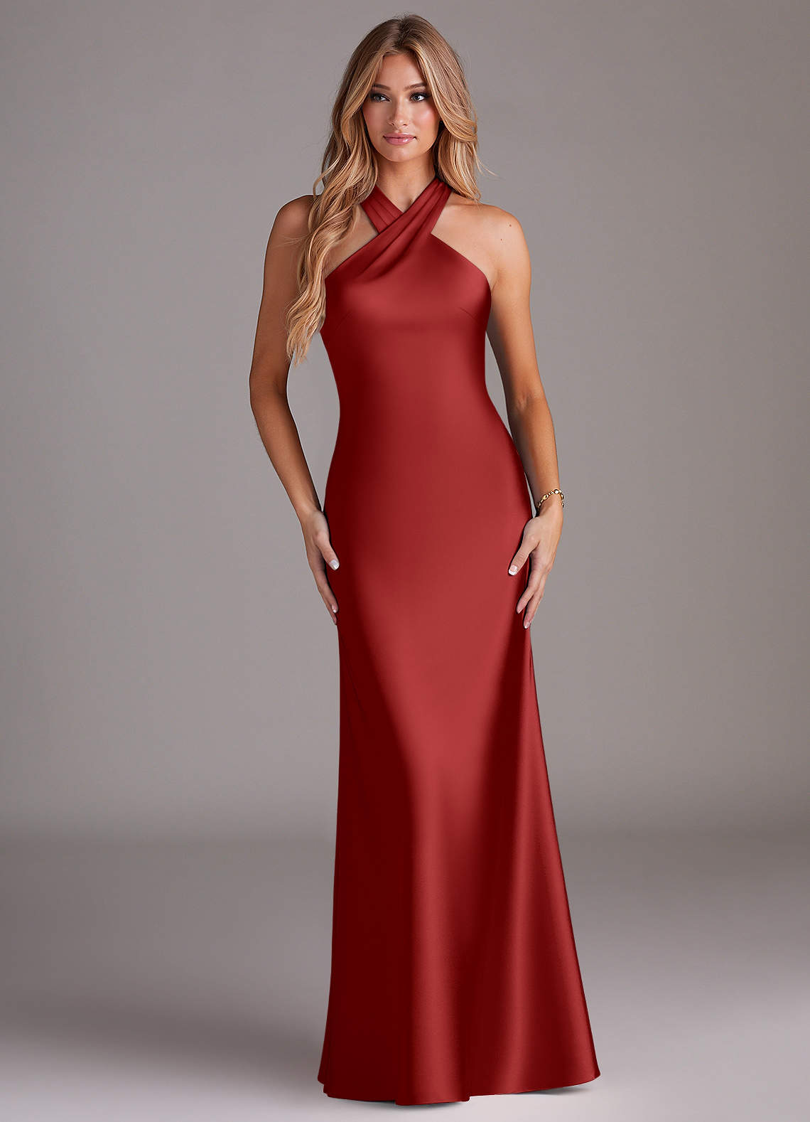 Doretta Mermaid Halter Stretch Satin Bridesmaid Dress in Pomegranate