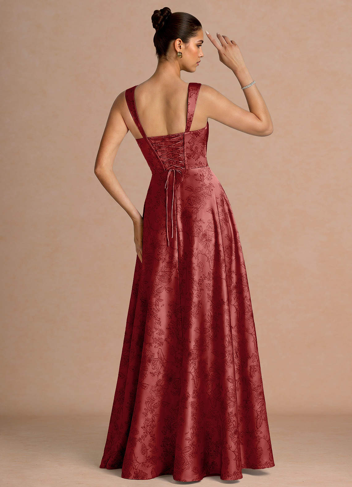 Azaria A-Line Square-Neck Jacquard Evening Dress in Orange Red
