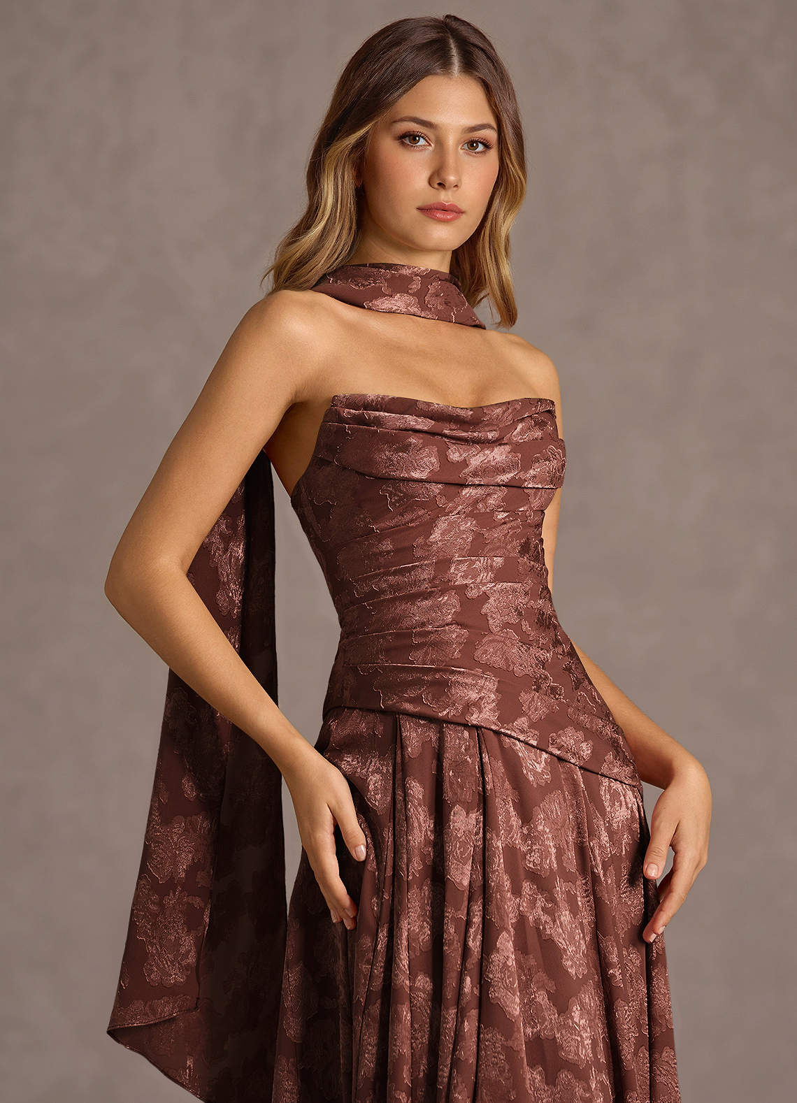 Gabriela A-Line Corset Fil Coupé Wedding Guest Dress in Mocha Coco