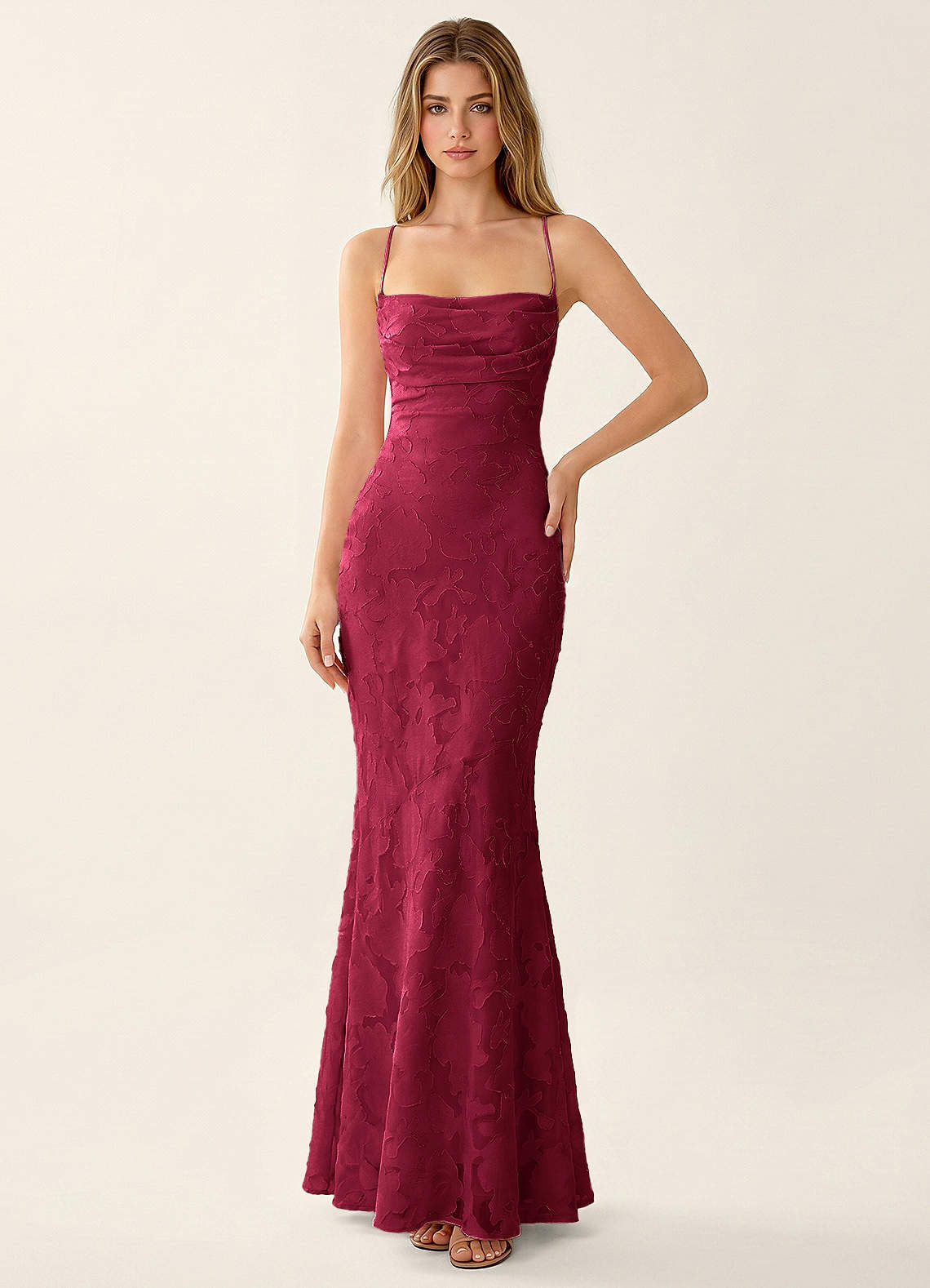 Natasha Mermaid Spaghetti-Strap Floral Burnout Evening Dress in Burgundy