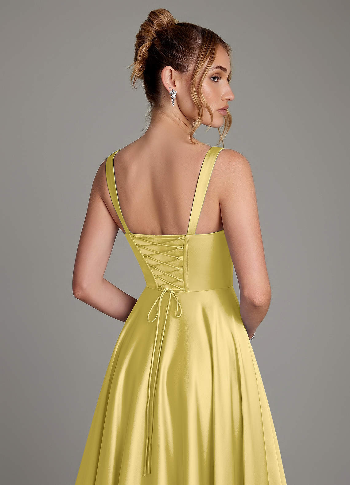 Azaria A-Line Square-Neck Stretch Satin Bridesmaid Dress in Canary