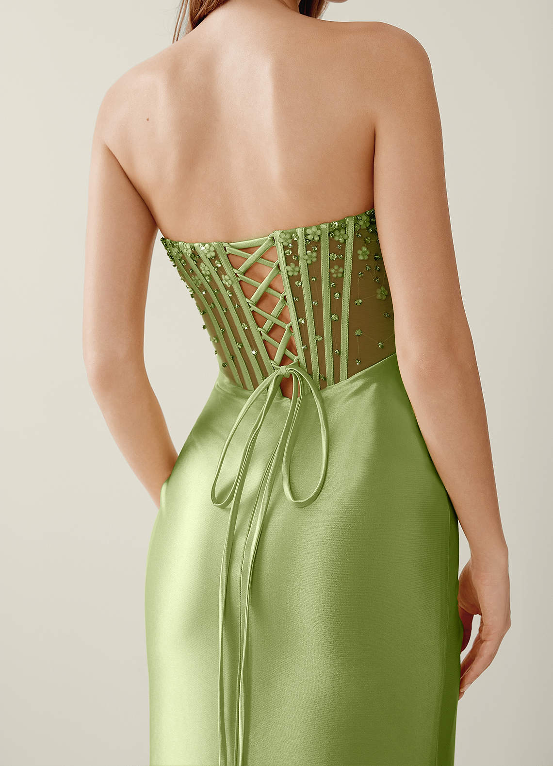 Willa Mermaid Strapless Sequined Satin Evening Dress in Dusty Green