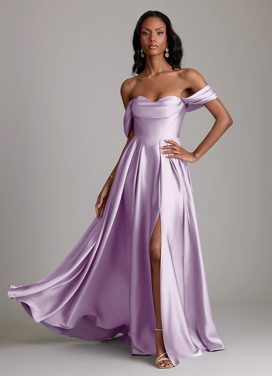Loisa A-Line Off-the-Shoulder Stretch Satin Bridesmaid Dress in Frosted Lilac