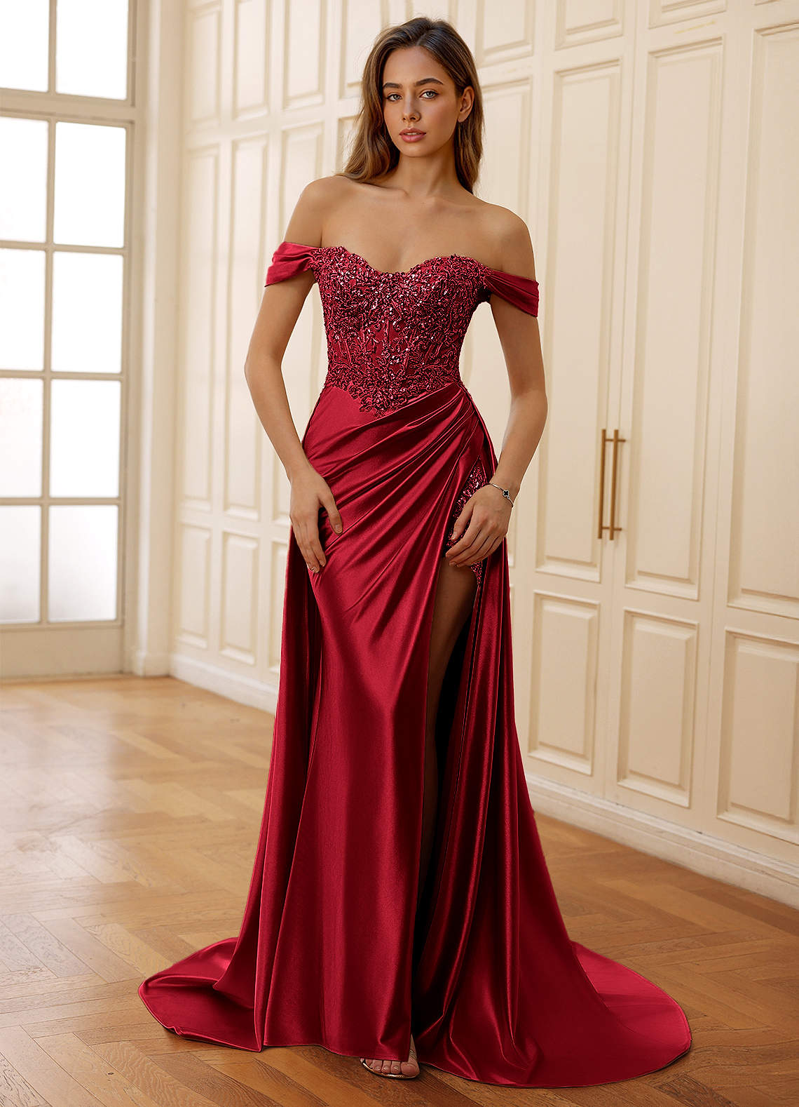 Rowane A-Line Off-the-Shoulder Satin Evening Dress in Red