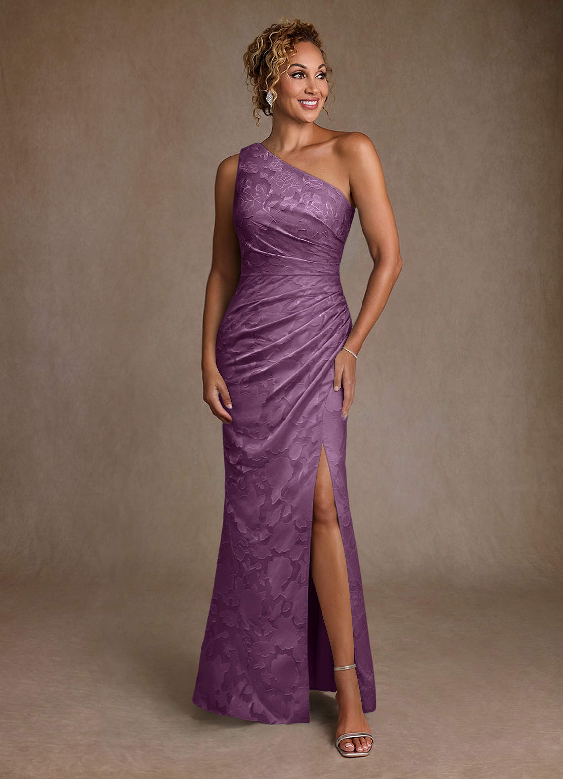 Joylin Trumpet One-Shoulder Floral Burnout Mother of the Bride Dress in Wisteria