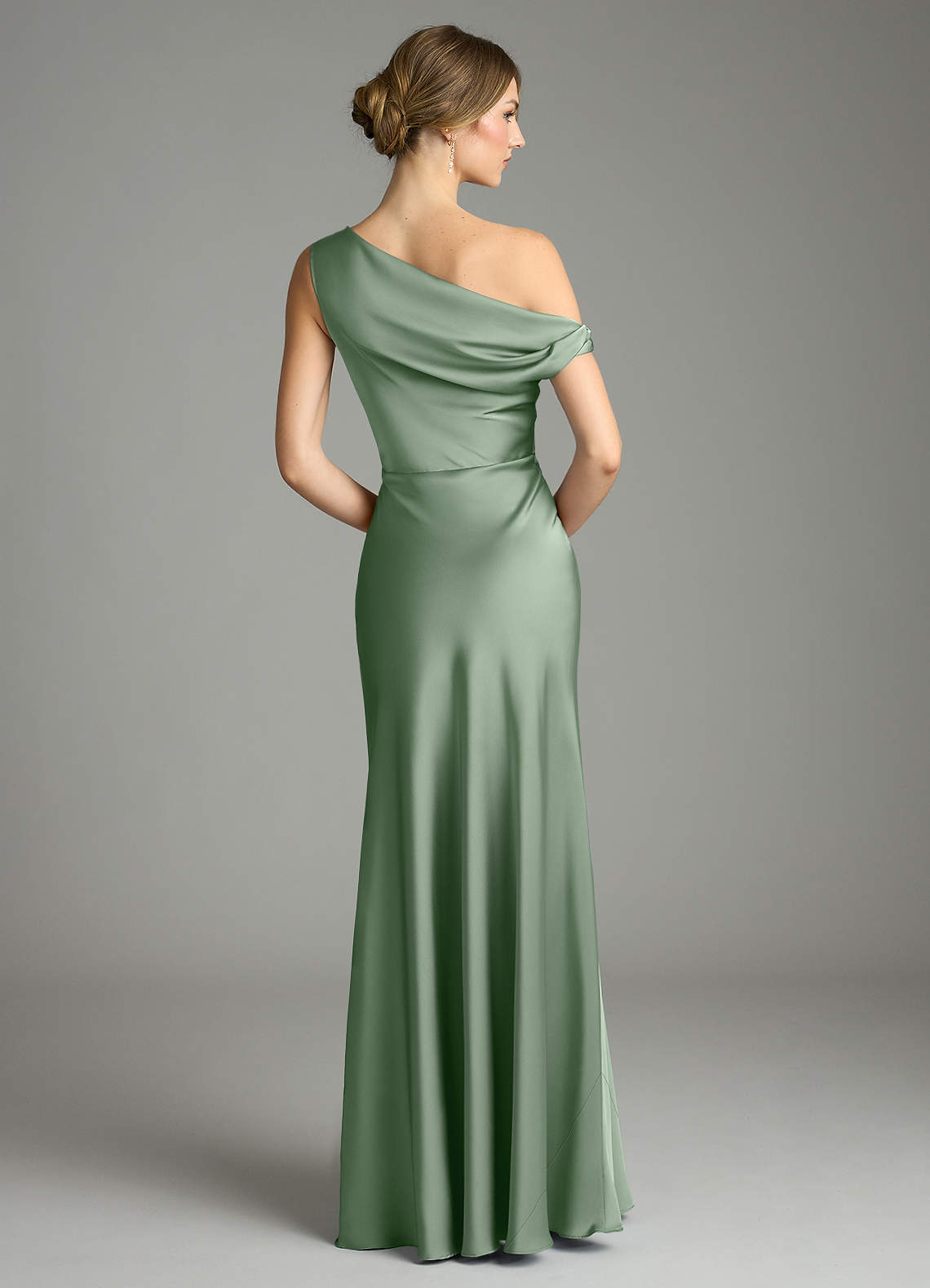 Emerson Mermaid One-Shoulder Stretch Satin Bridesmaid Dress in Matcha