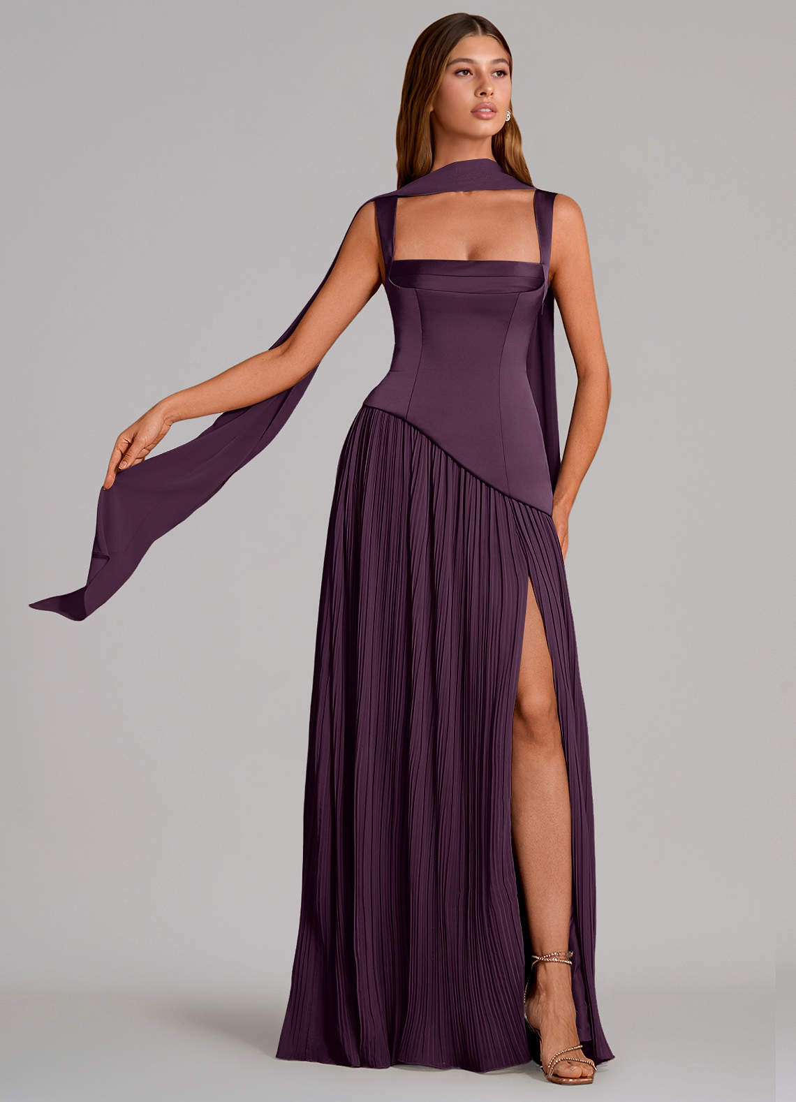 Stephanie A-Line Square-Neck Stretch Satin and Chiffon Bridesmaid Dress in Plum