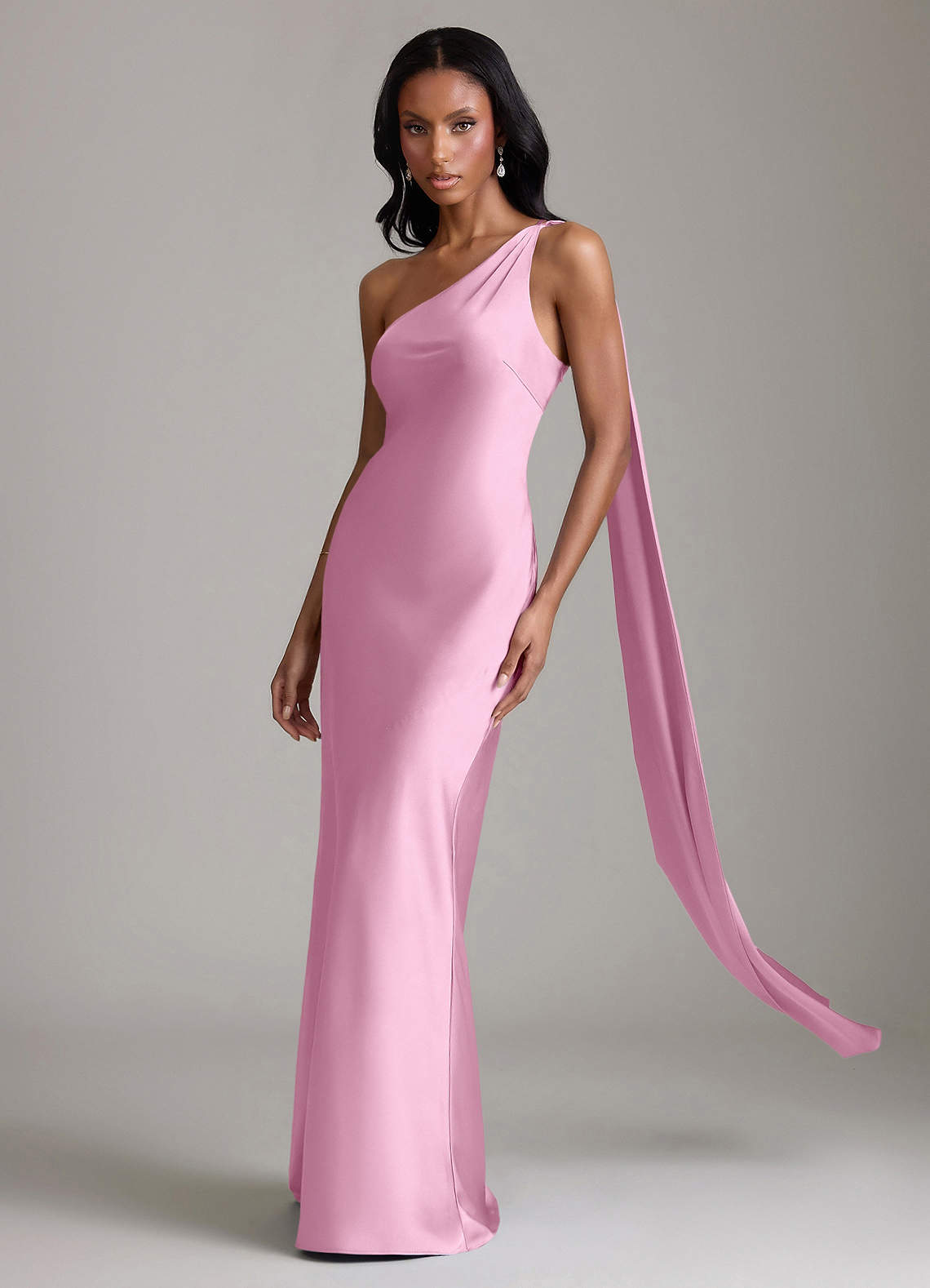 Juniper Mermaid One-Shoulder Stretch Satin Bridesmaid Dress in candy pink