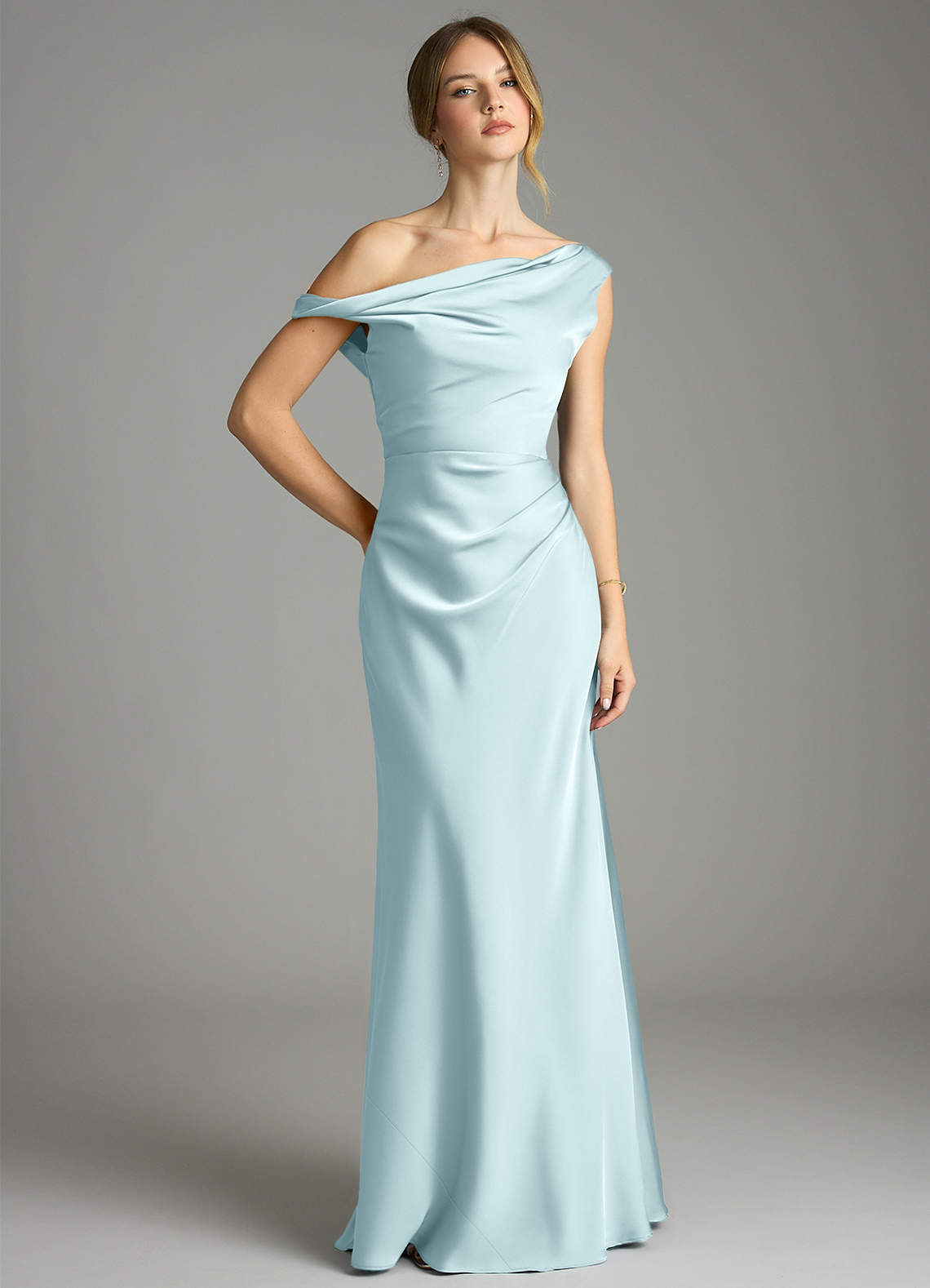 Emerson Mermaid One-Shoulder Stretch Satin Bridesmaid Dress in Cloud Blue