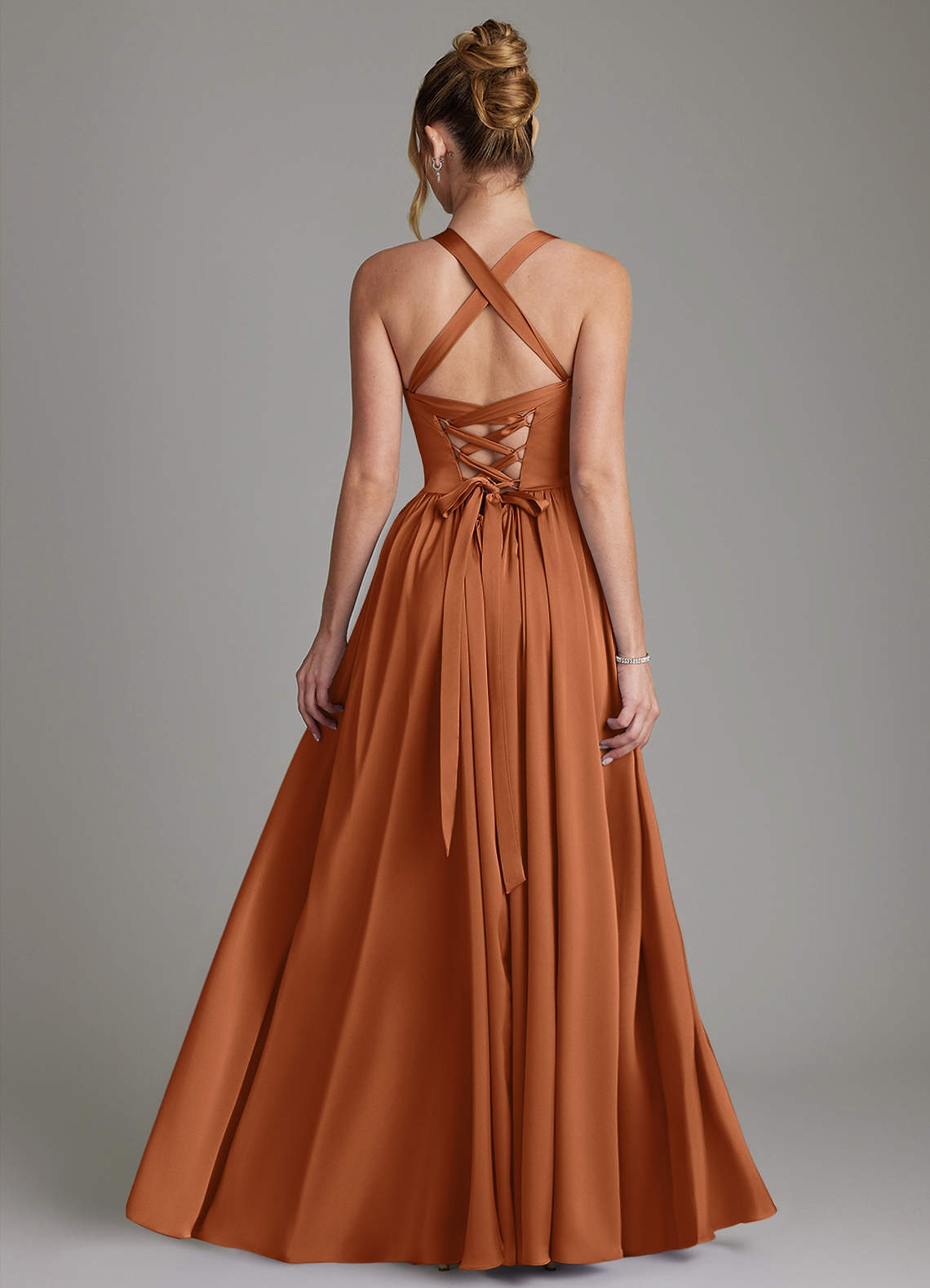 Francis A-Line V-Neck Stretch Satin Bridesmaid Dress in Copper