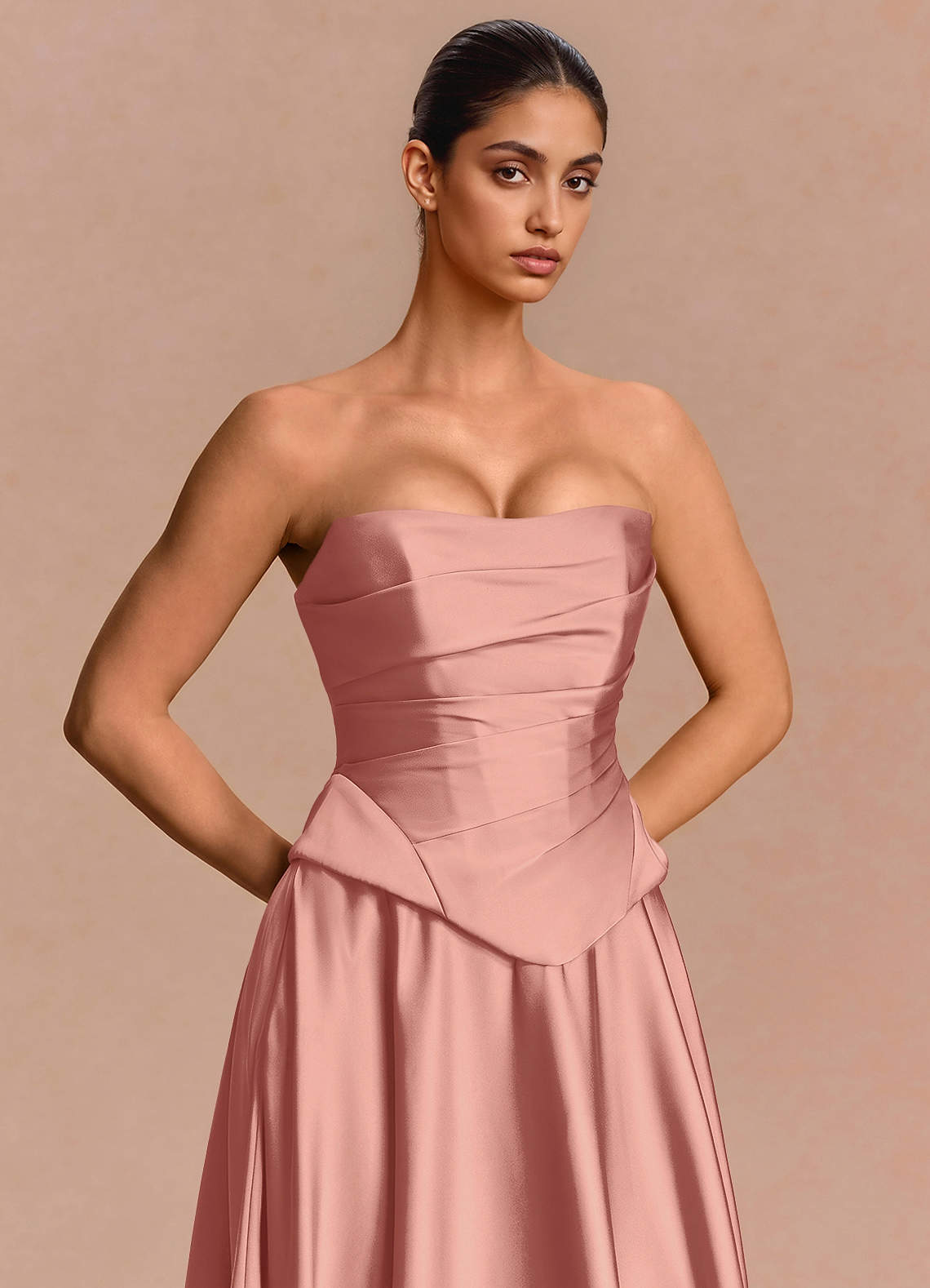 Eponine A-Line Pleated Stretch Satin Evening Dress in Rosette