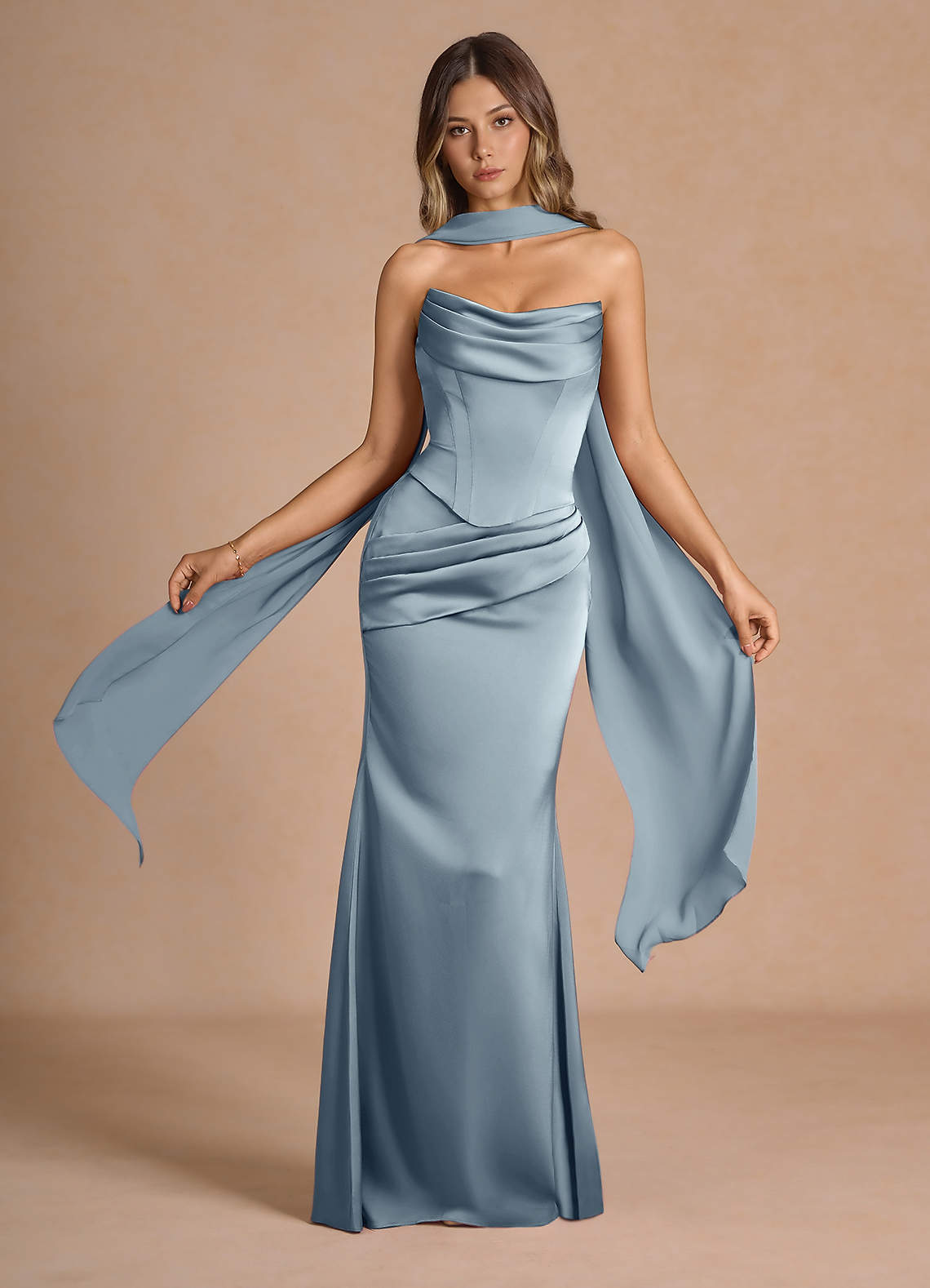 Sorrel Mermaid Corset Stretch Satin Evening Set in Powder Blue