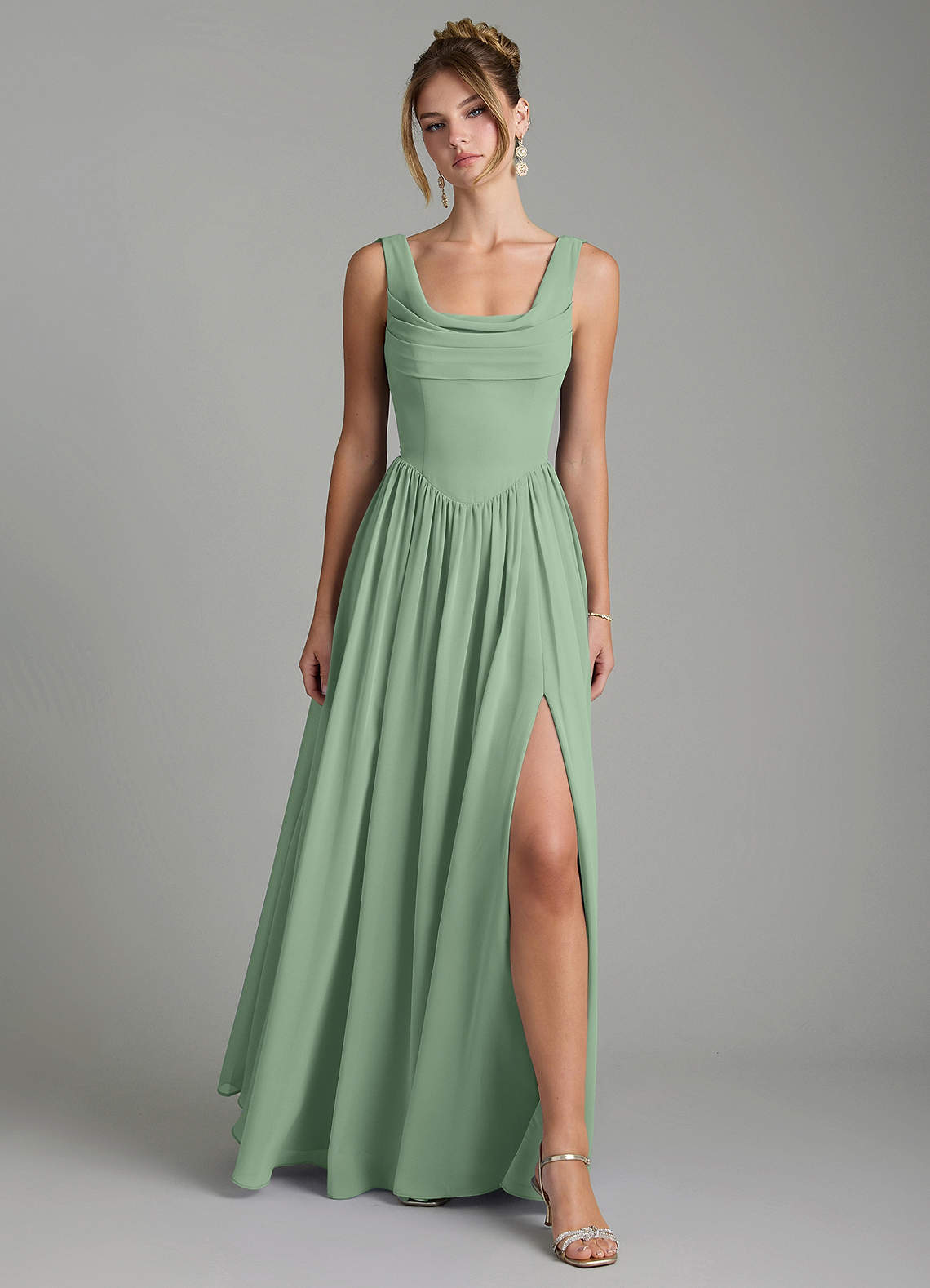 Novi A-Line Square-Neck Chiffon Bridesmaid Dress in Matcha