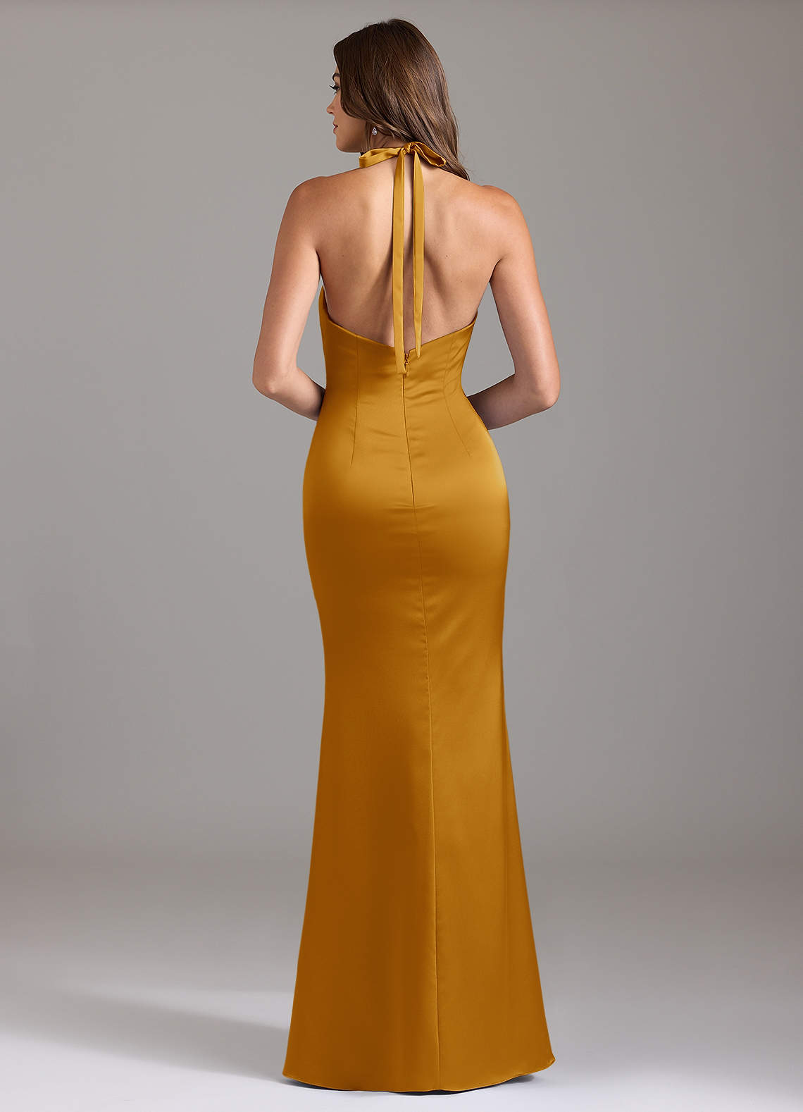 Valerie Mermaid V-Neck Stretch Satin Bridesmaid Dress in butterscotch