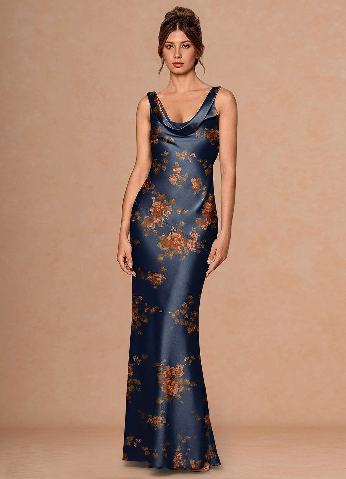 Florivel Fitted Cowl-Neck Stretch Satin Wedding Guest Dress in Navy Vintage