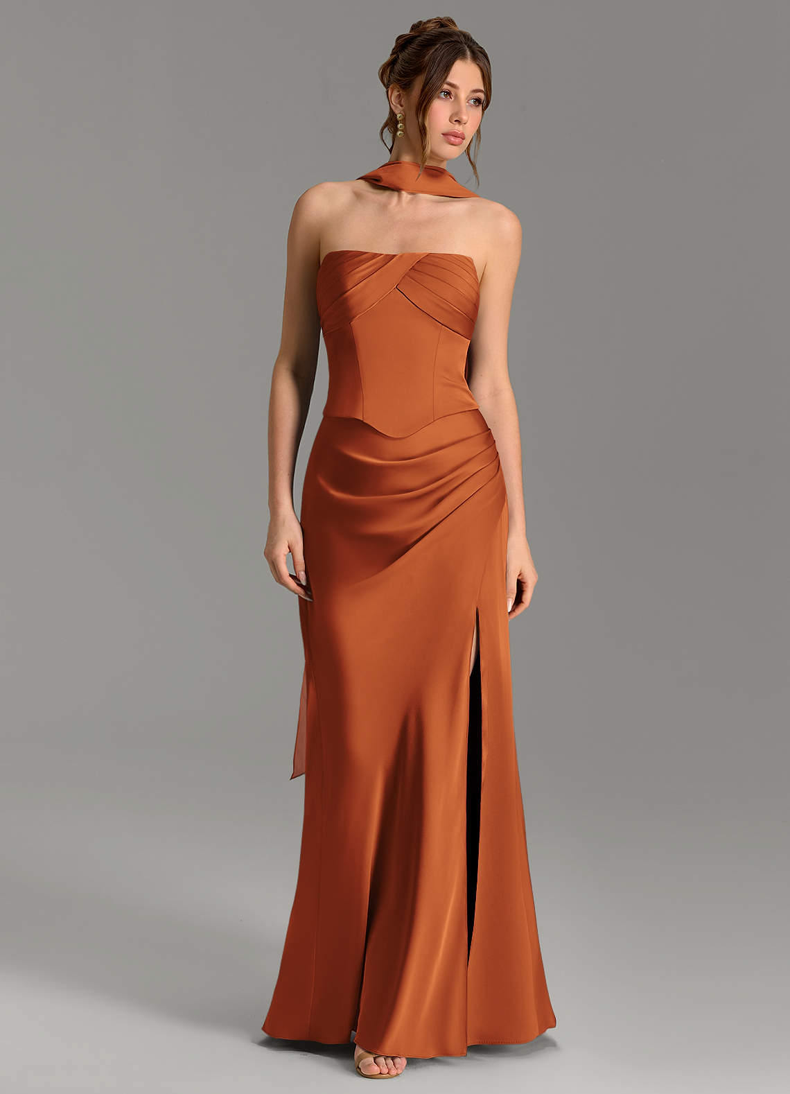 Nicki Sheath Scoop-Neck Stretch Satin Bridesmaid Dress in Cinnamon