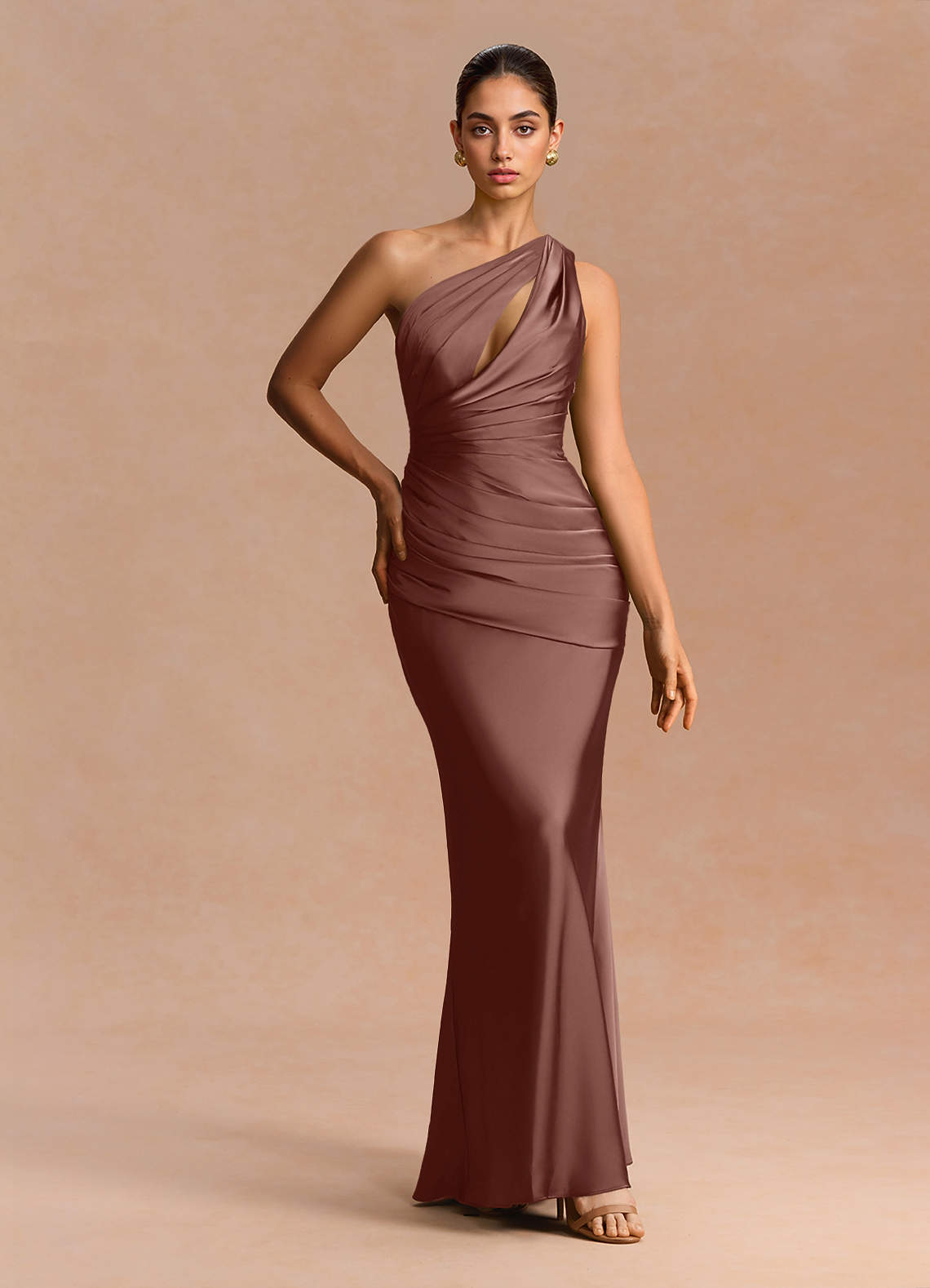 Guinevere One-Shoulder Cutout Stretch Satin Evening Dress in Mocha Coco