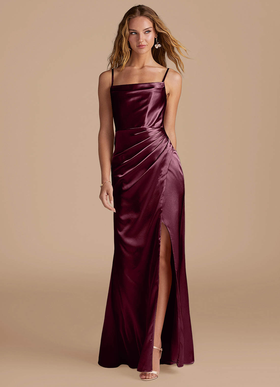 Marzia Mermaid Square-Neck Metallic Satin Bridesmaid Dress in Cabernet